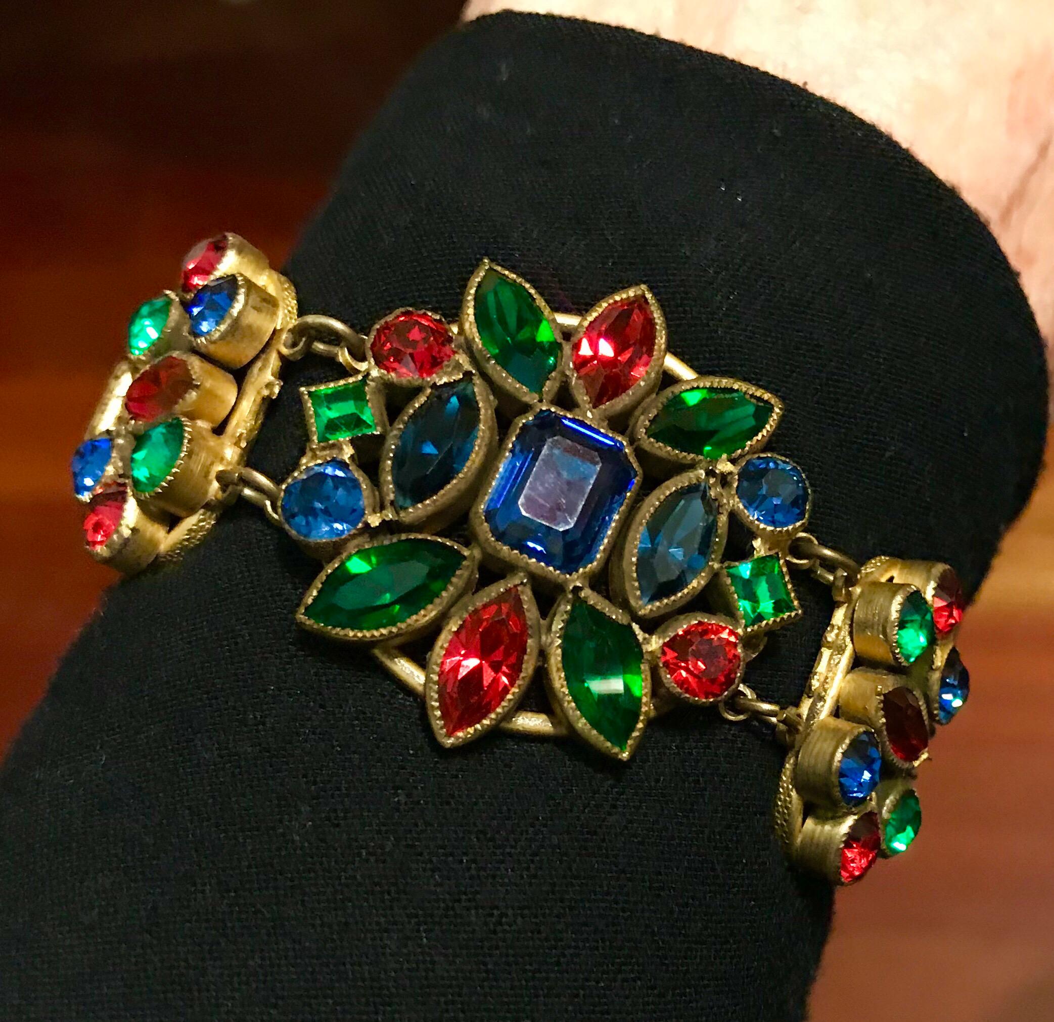 Women's Circa 1930s Czech Jewel-Tone Faceted Bohemian Glass Bracelet For Sale