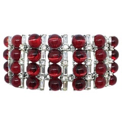 Circa 1960s Red Glass Cabochon and Rhinestone Cocktail Bracelet