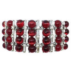 Vintage Circa 1960s Red Glass Cabochon and Rhinestone Cocktail Bracelet 