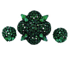 Circa 1960s Warner Emerald Faceted Glass Brooch and Earrings
