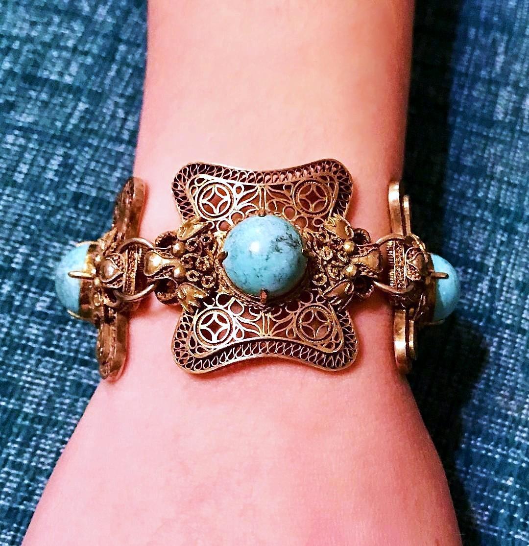 Circa 1960s Chinese Gold Over Sterling Turquoise Dragon Bracelet 2