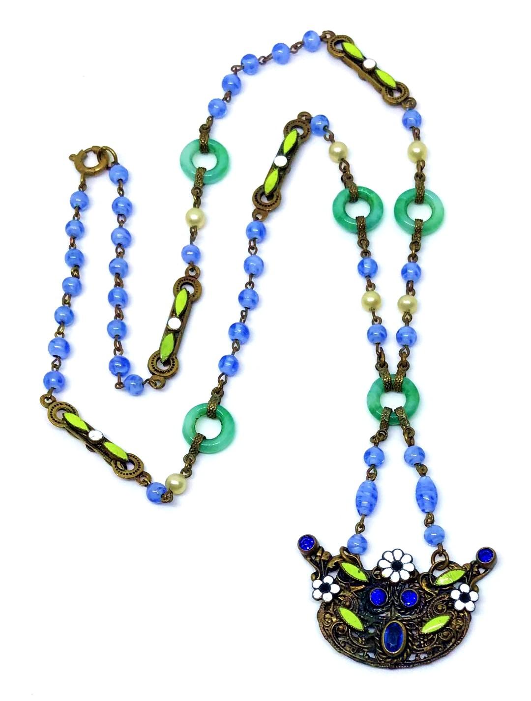 1920s Czech Blue and Green Glass Bead Necklace With Ornate Jeweled Pendant In Good Condition In Long Beach, CA