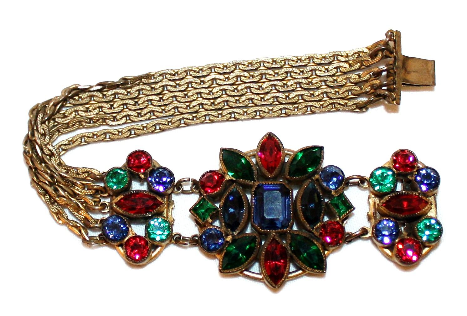 Art Deco Circa 1930s Czech Jewel-Tone Faceted Bohemian Glass Bracelet For Sale