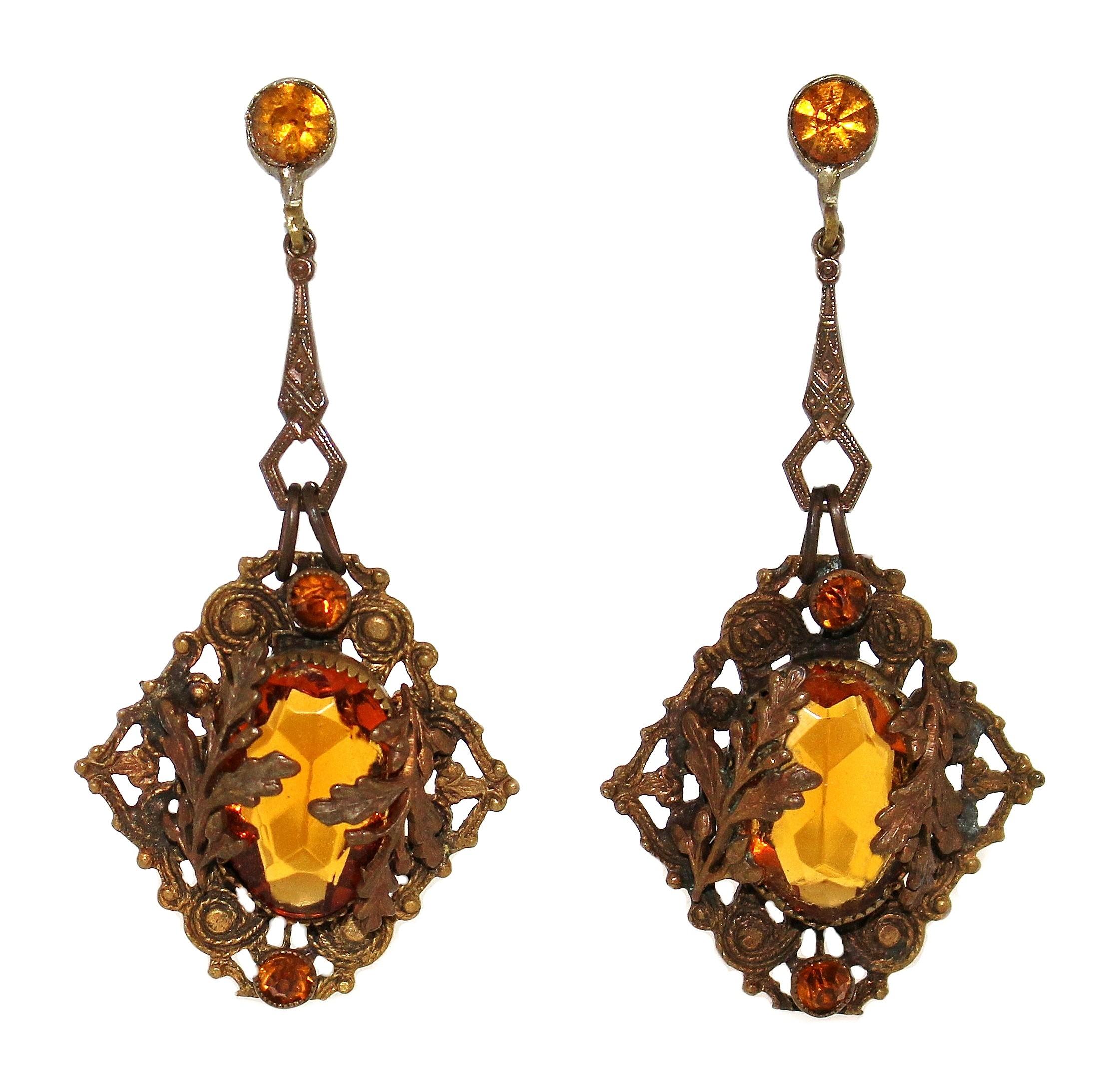 Circa 1920s Czech Faceted Topaz Glass Dangling Earrings  For Sale