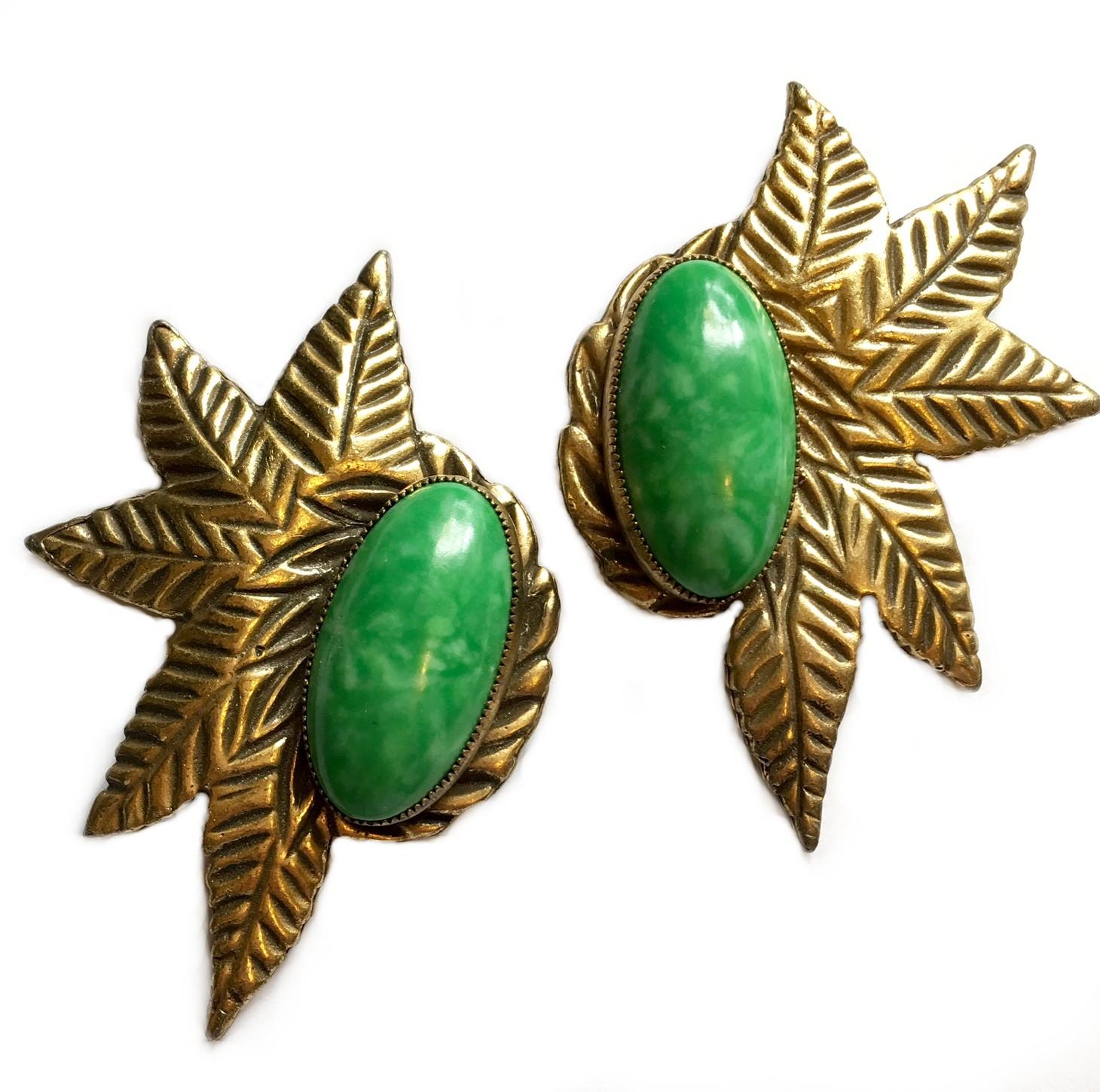 Circa 1930s Large Green Cabochon Dress Clips, Pair  For Sale