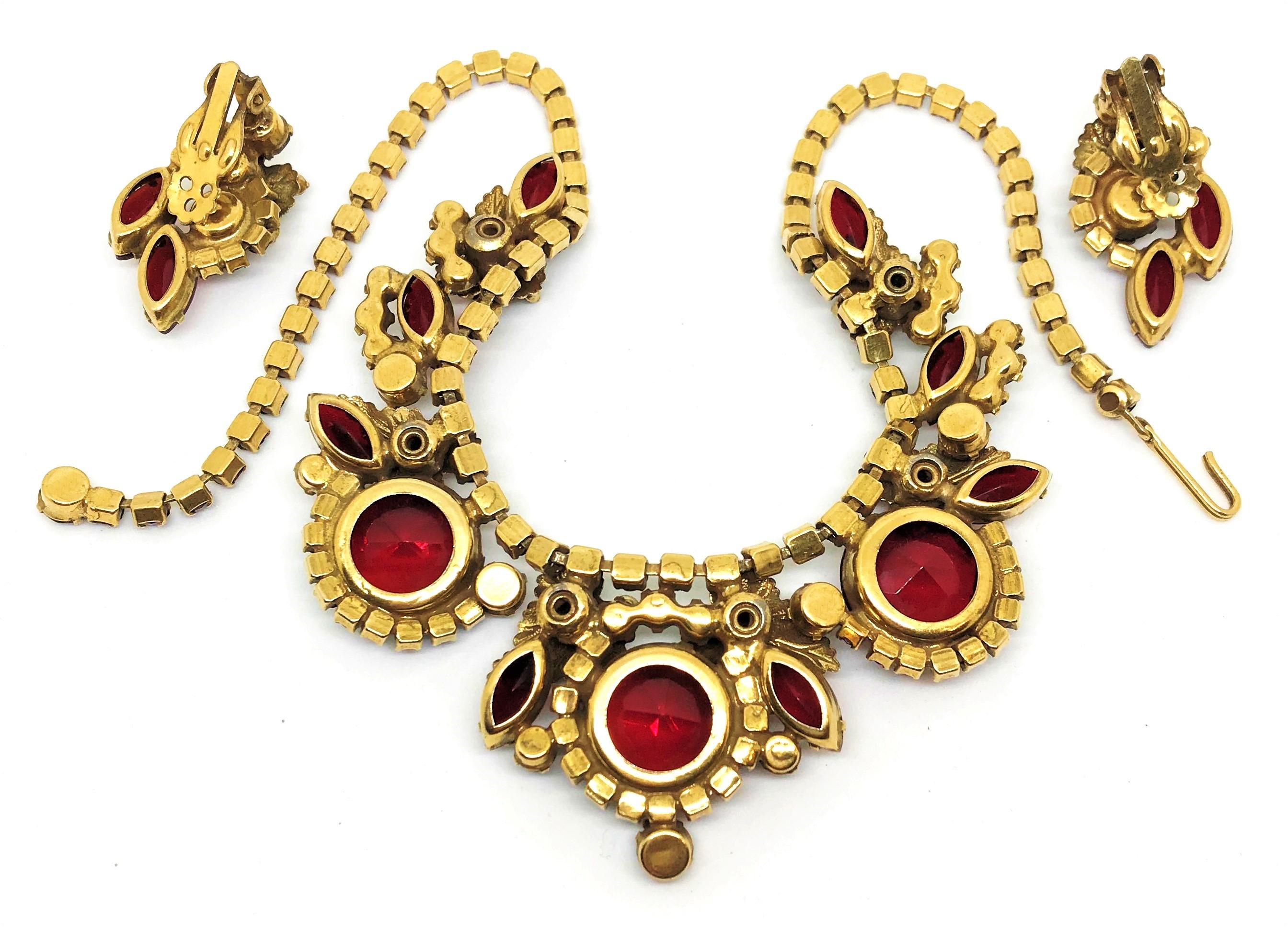 Circa 1960 Juliana Red Faceted Glass and Rhinestone Necklace and Earring Set  In Good Condition In Long Beach, CA