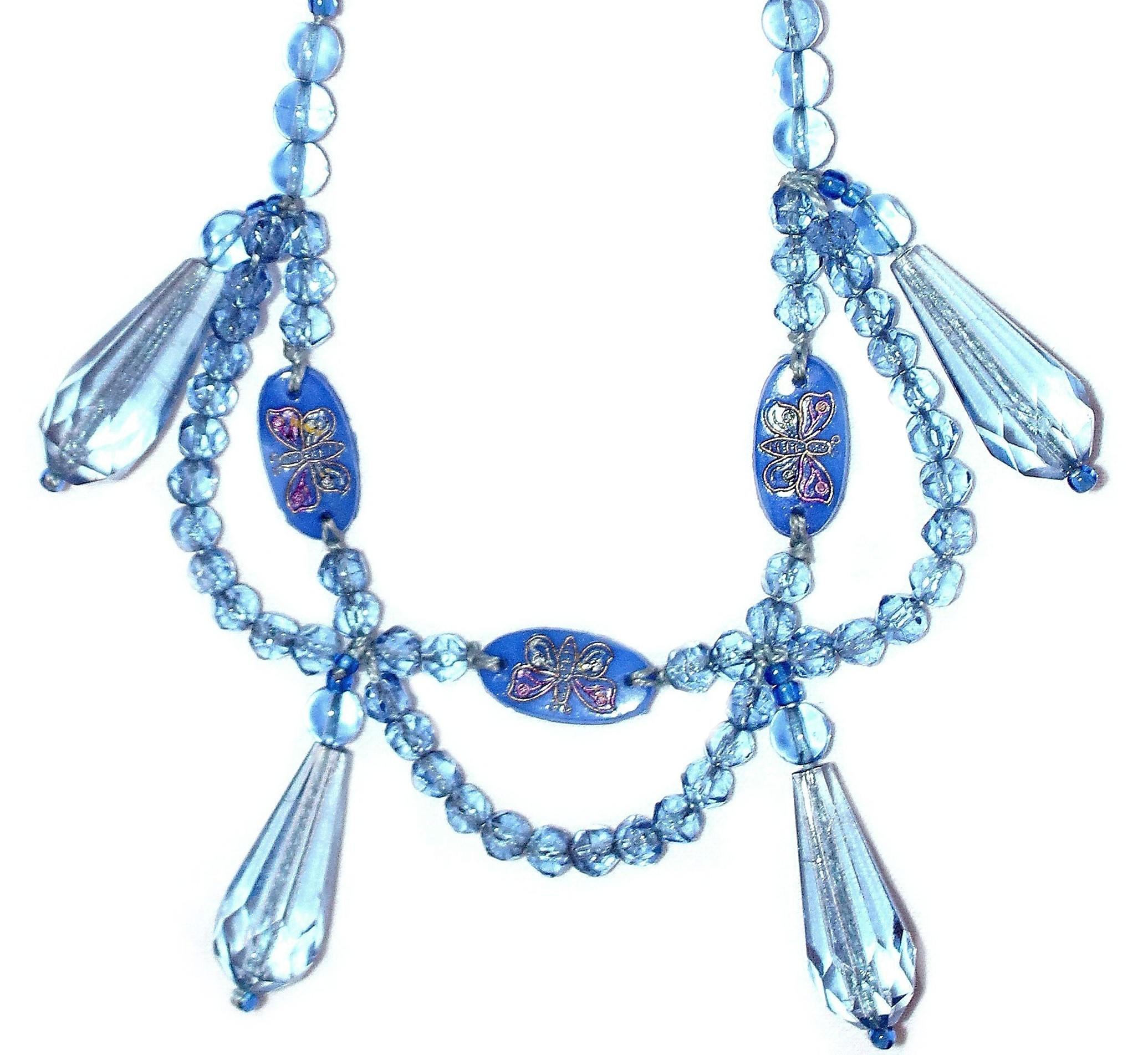 Art Deco 1920s Light Blue Faceted Glass Swag Necklace With Handpainted Butterflies