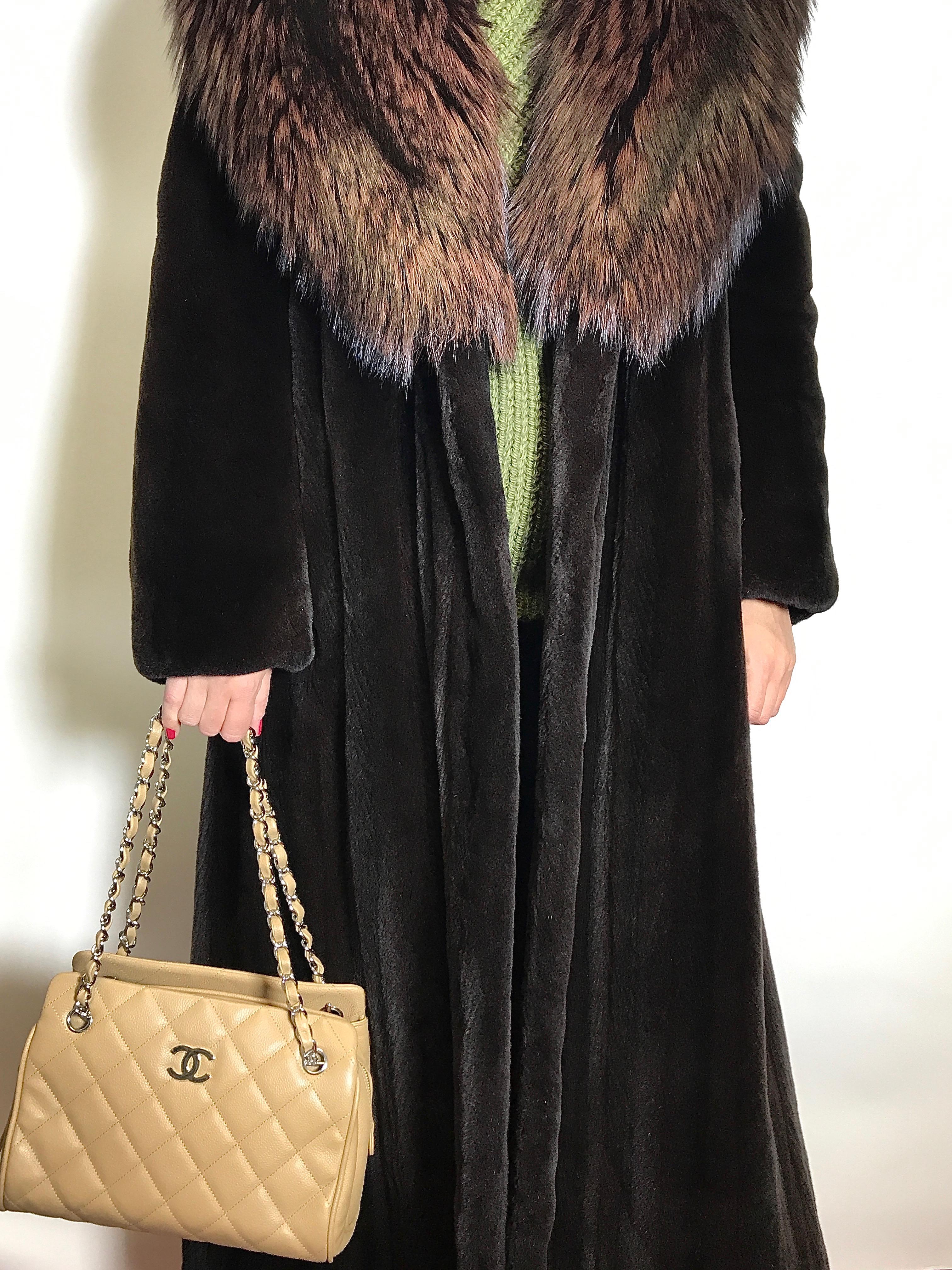 Black Long velvet silk mink fur coat with silver fox collar. Dark brown. (7) For Sale