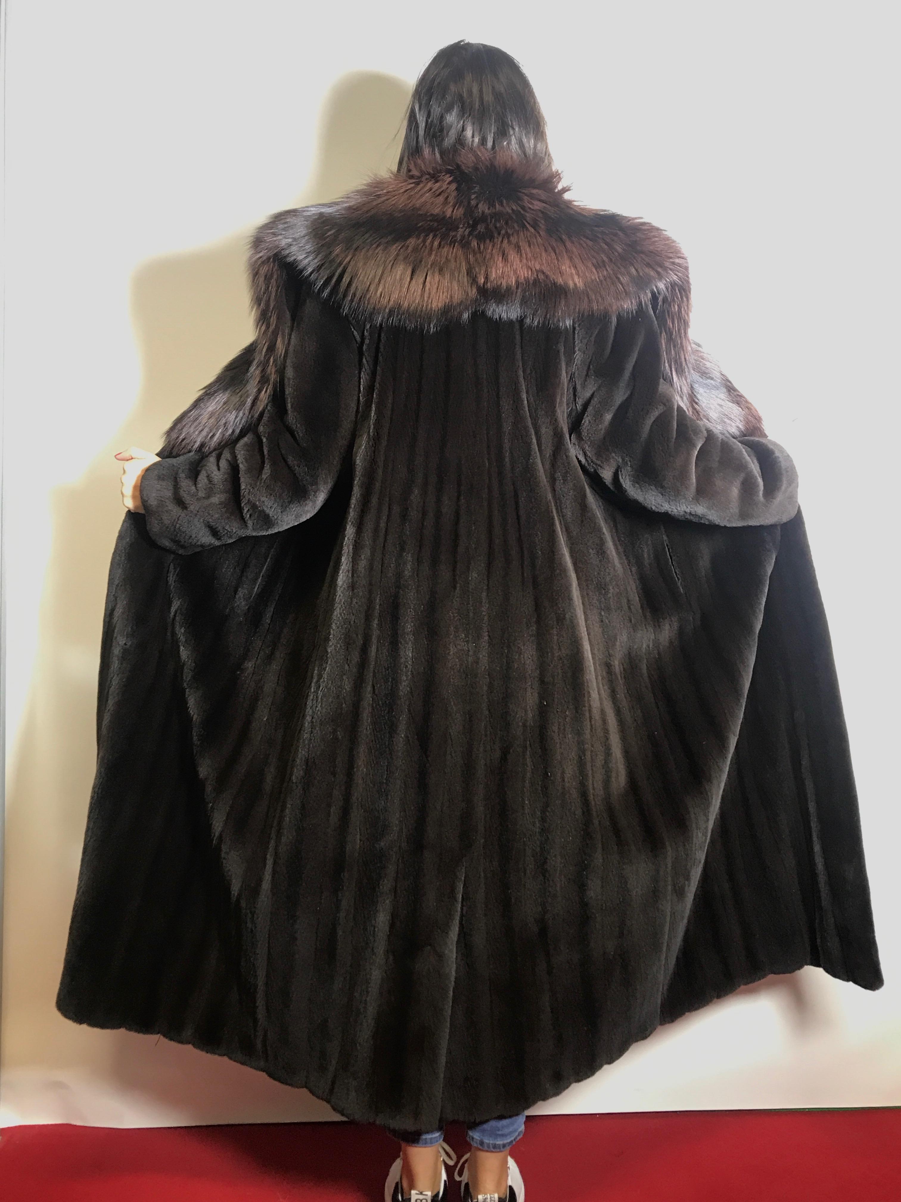 Long velvet silk mink fur coat with silver fox collar. Dark brown. (7) For Sale 1