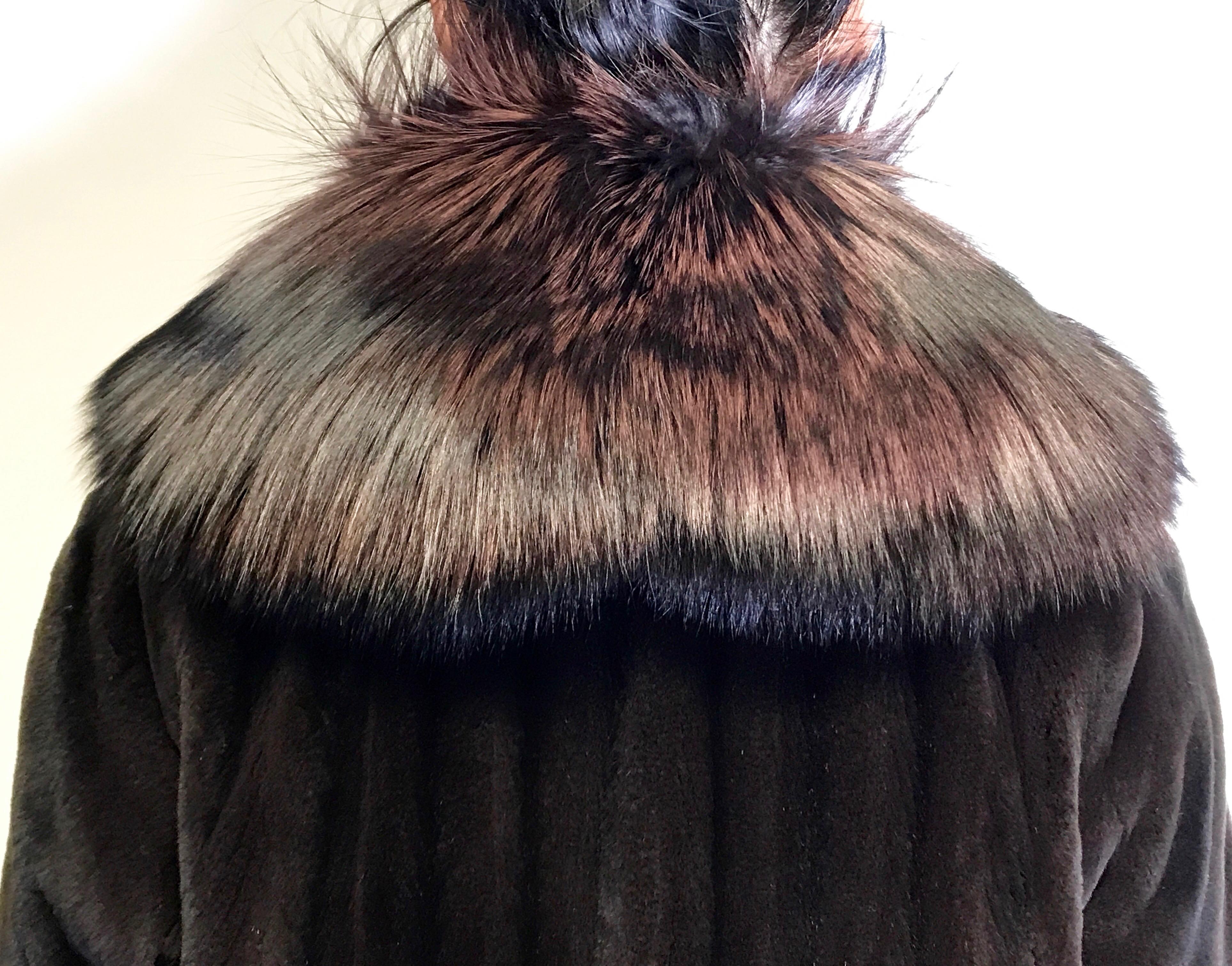 Long velvet silk mink fur coat with silver fox collar. Dark brown. (7) For Sale 2