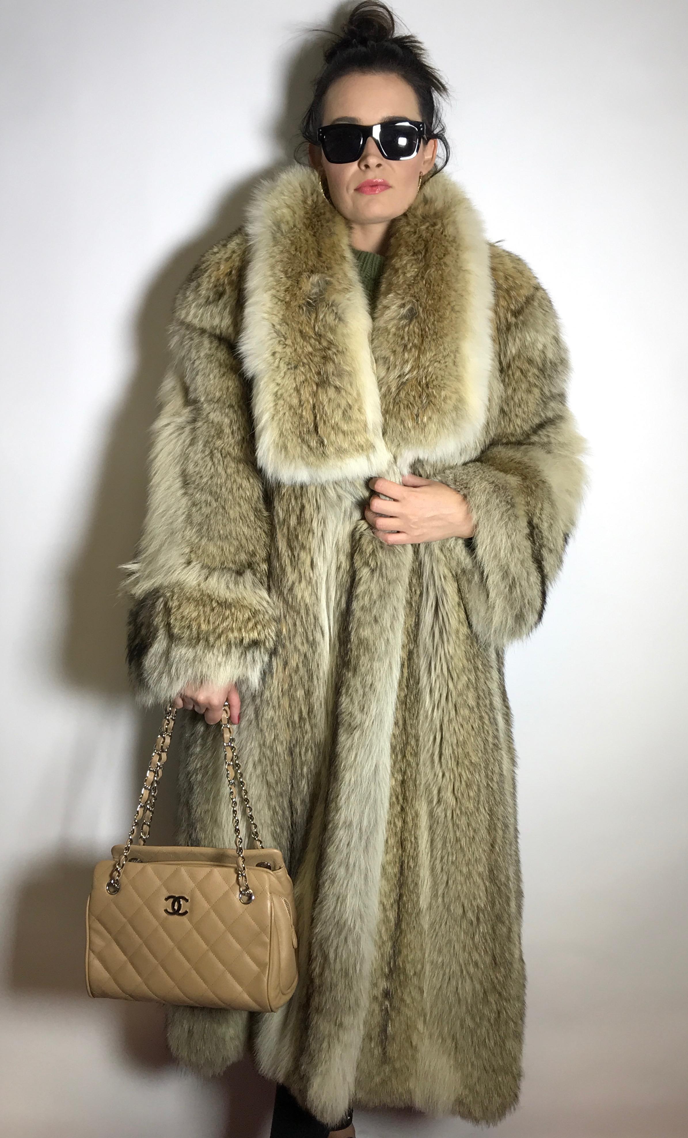Brown  Long coyote fur coat, shadow fox. Tan / white. (15) For Sale