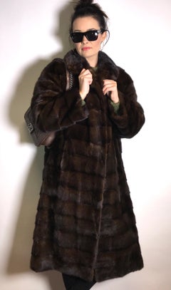 Long mink fur coat. Crosswise cut. Silk mink dark brown (17)