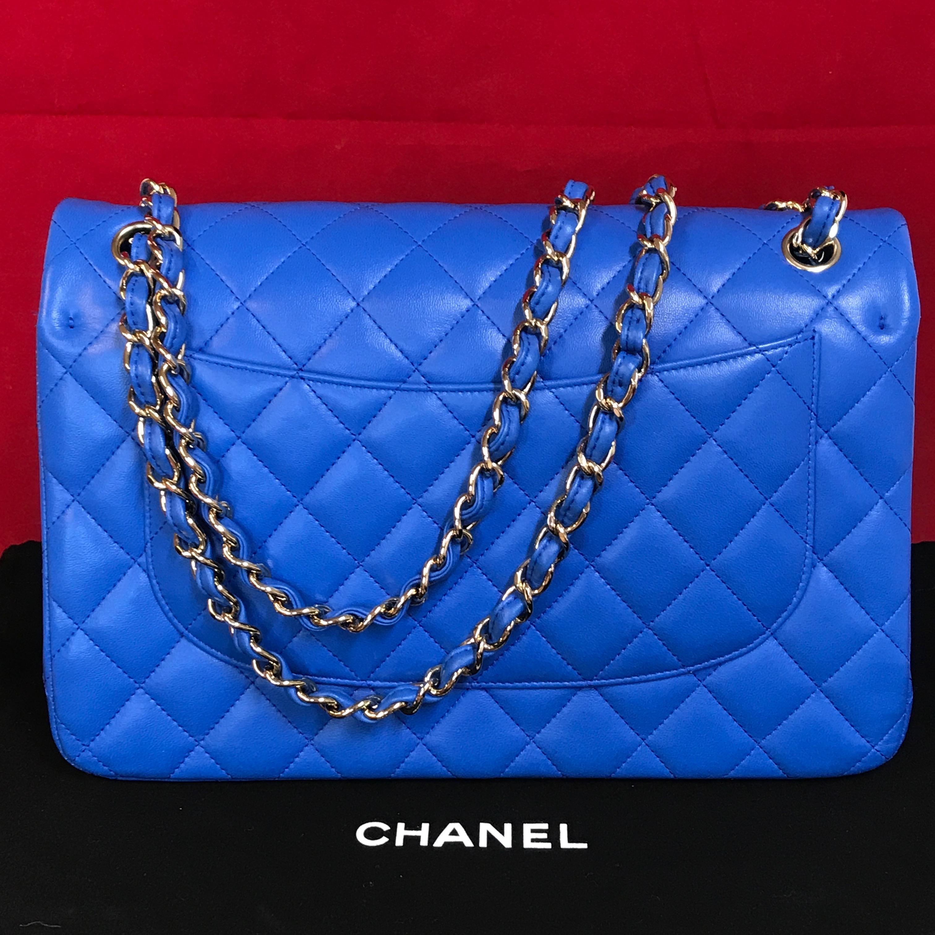 Blue CHANEL double flap bag Jumbo blue shoulder bag quilted lambskin 2016 For Sale