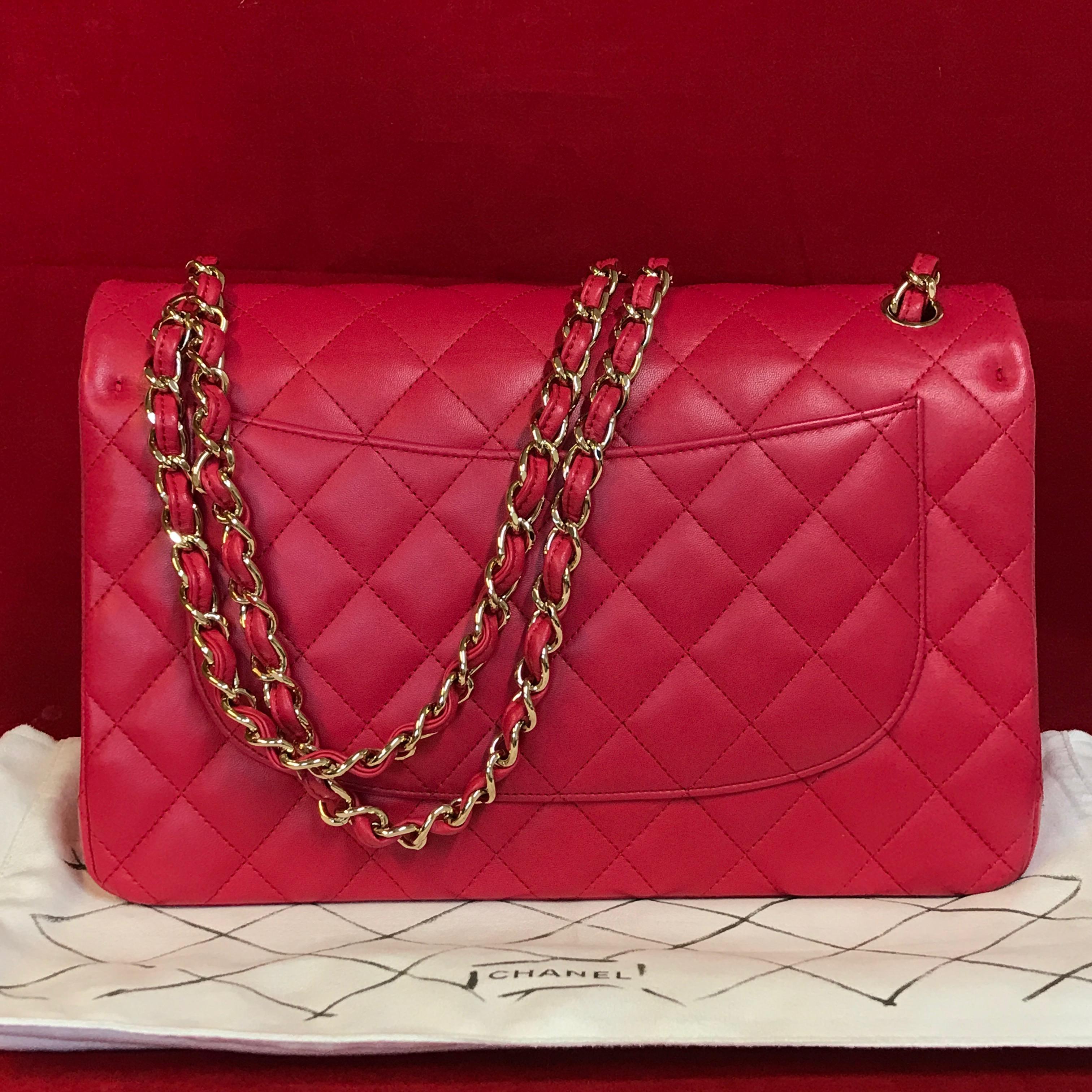 Pink CHANEL double flap bag Jumbo pink shoulder bag quilted lambskin 2016 For Sale