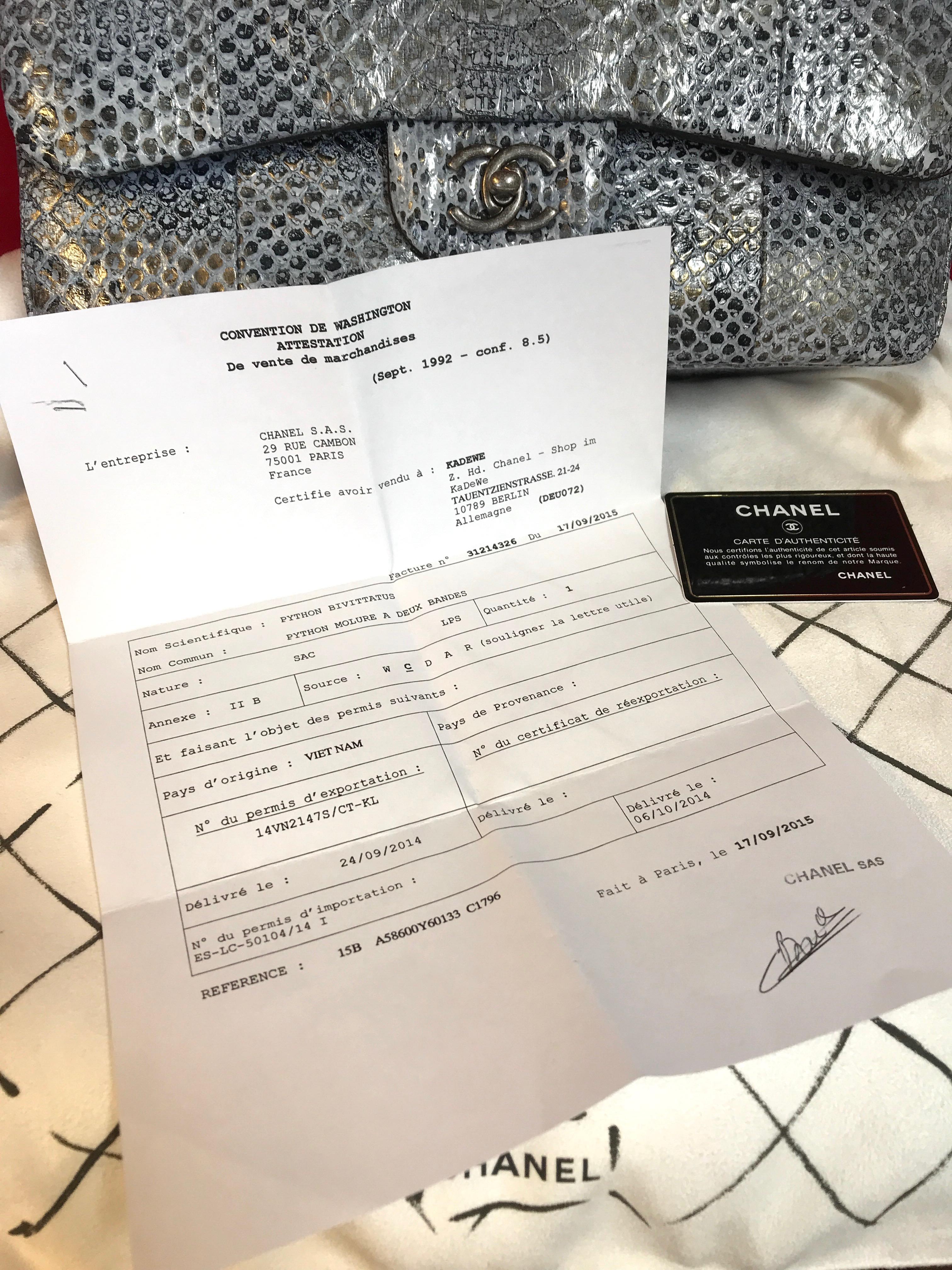 Limited CHANEL double flap bag Jumbo python leather shoulder bag 2016 For Sale 9
