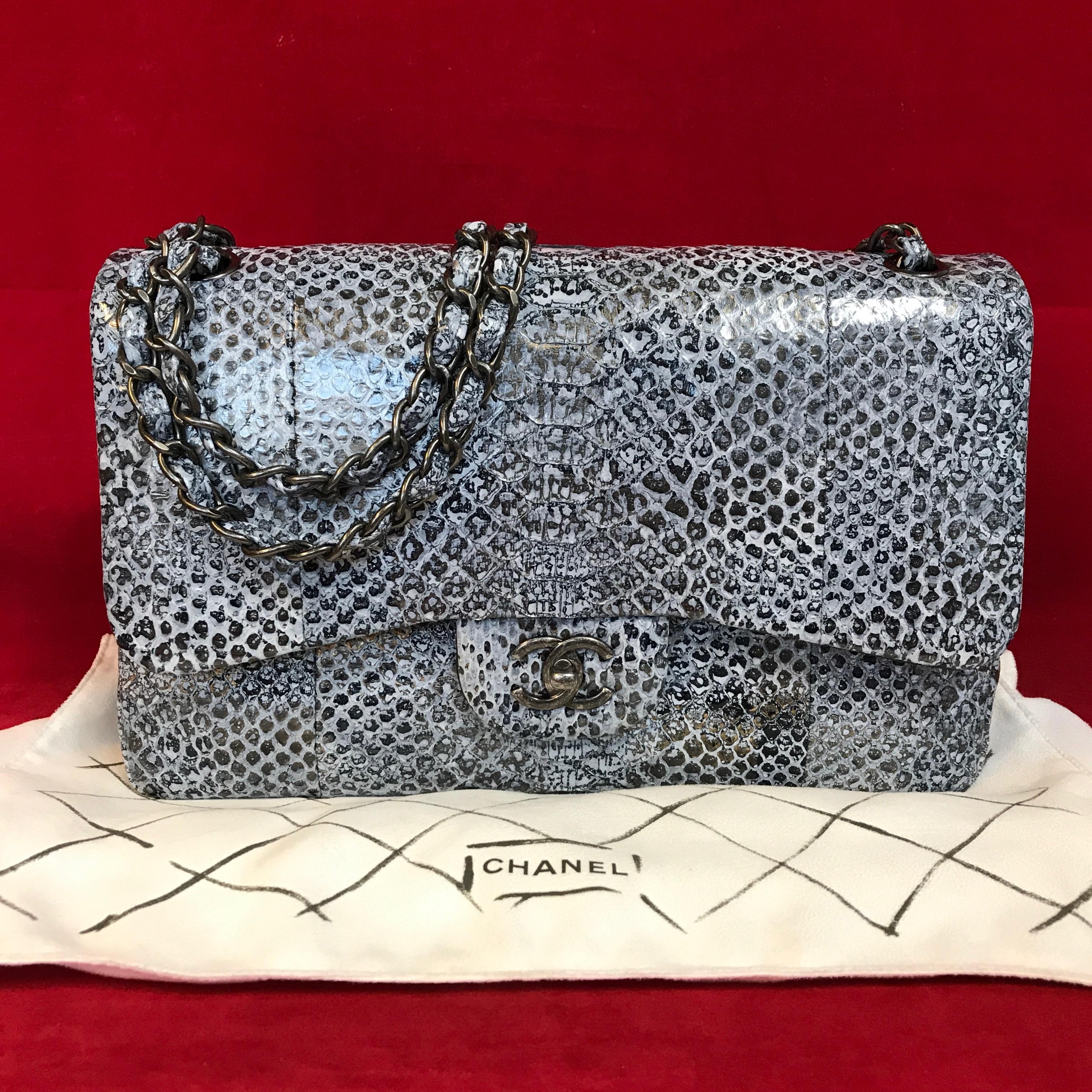 Gray Limited CHANEL double flap bag Jumbo python leather shoulder bag 2016 For Sale
