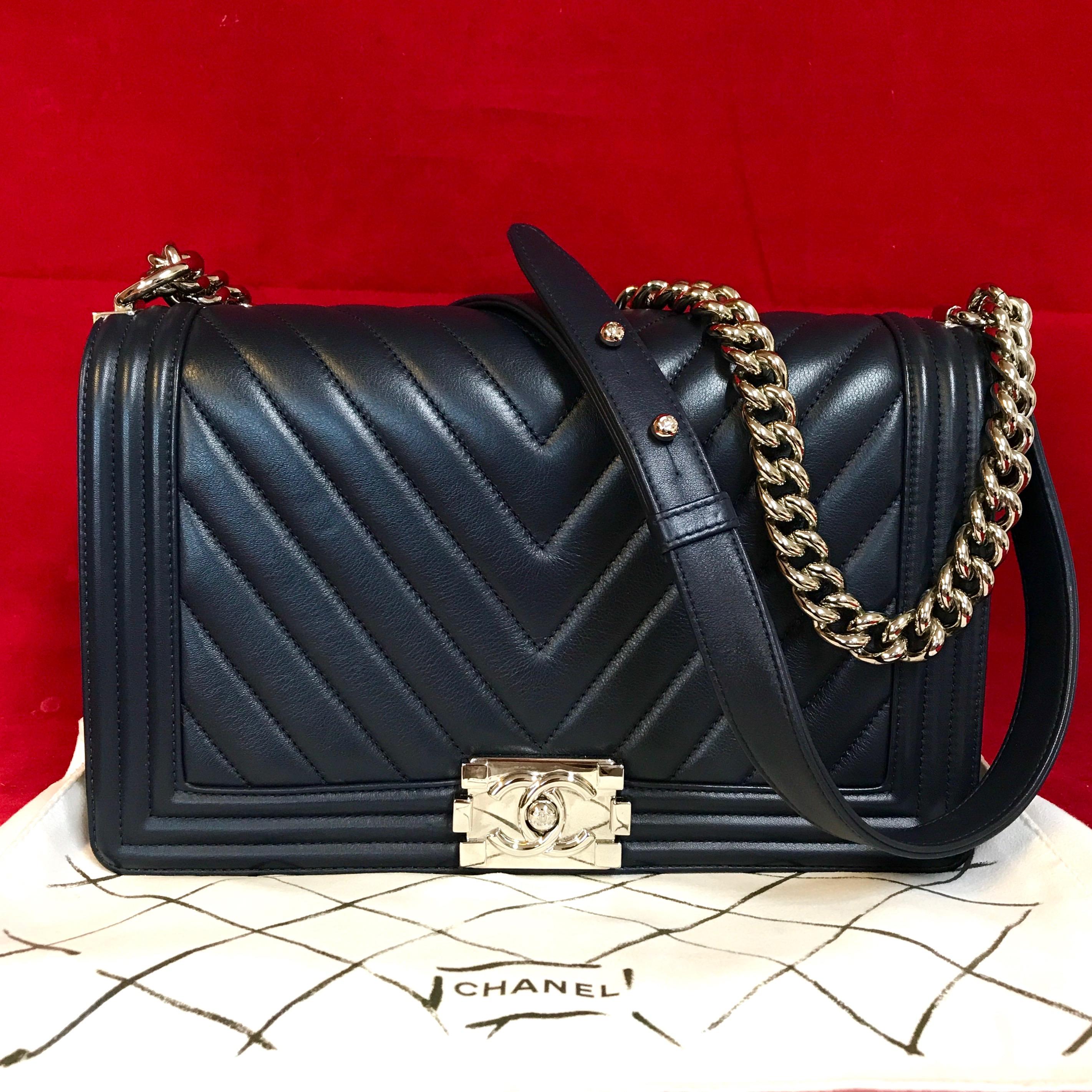 navy blue chanel boy bag