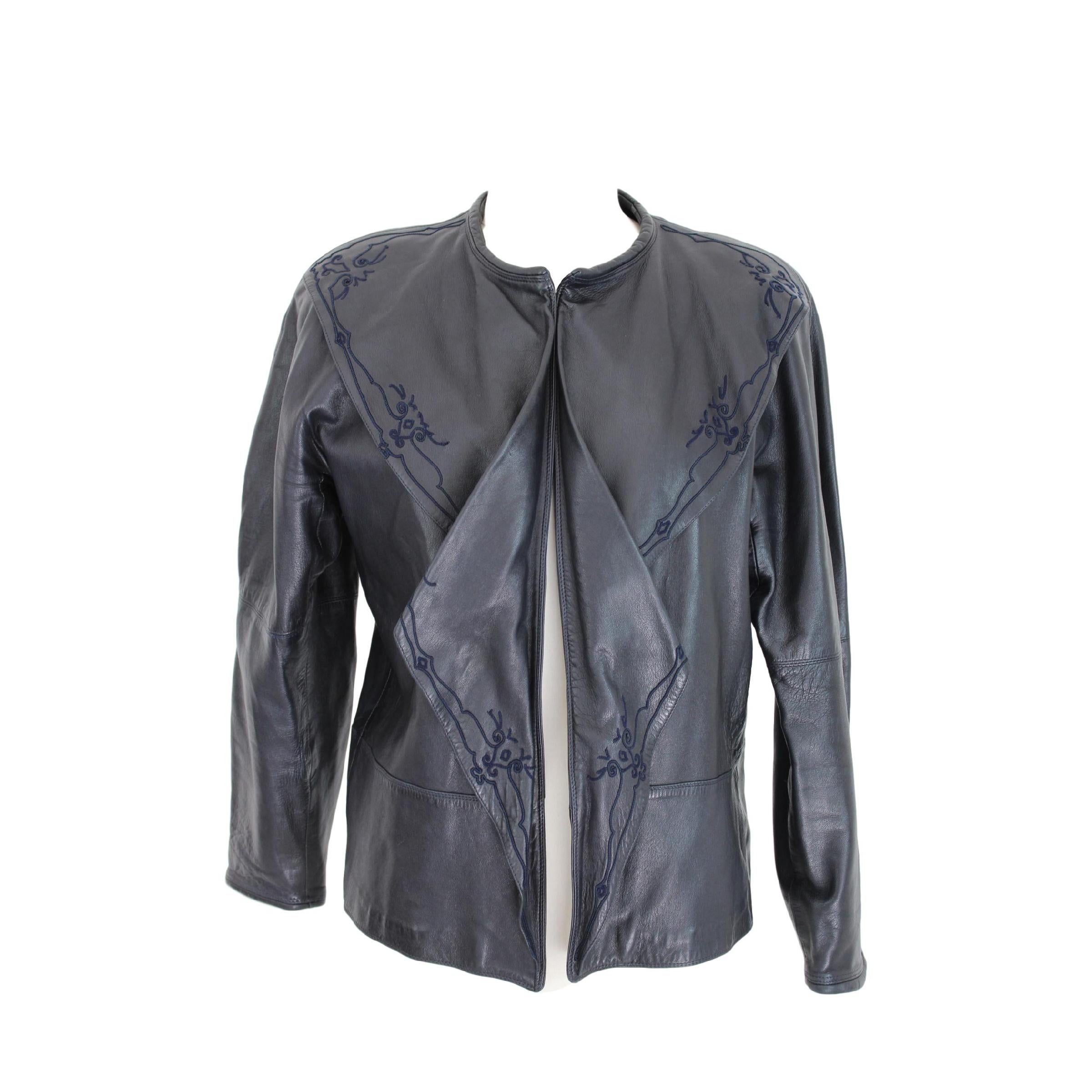 Gianni Versace Leather Jacket Embroidered Blue Short Bolero 1980s