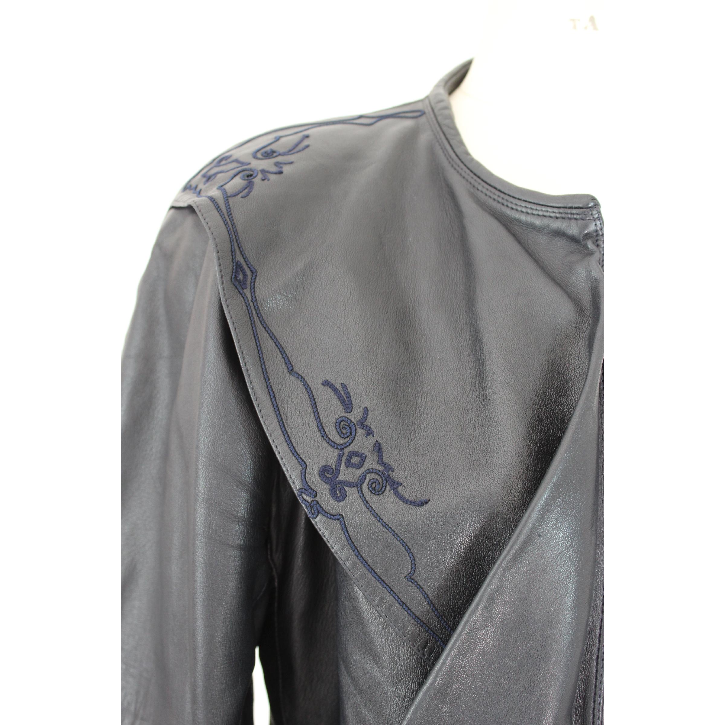 Gianni Versace Leather Jacket Embroidered Blue Short Bolero 1980s 1