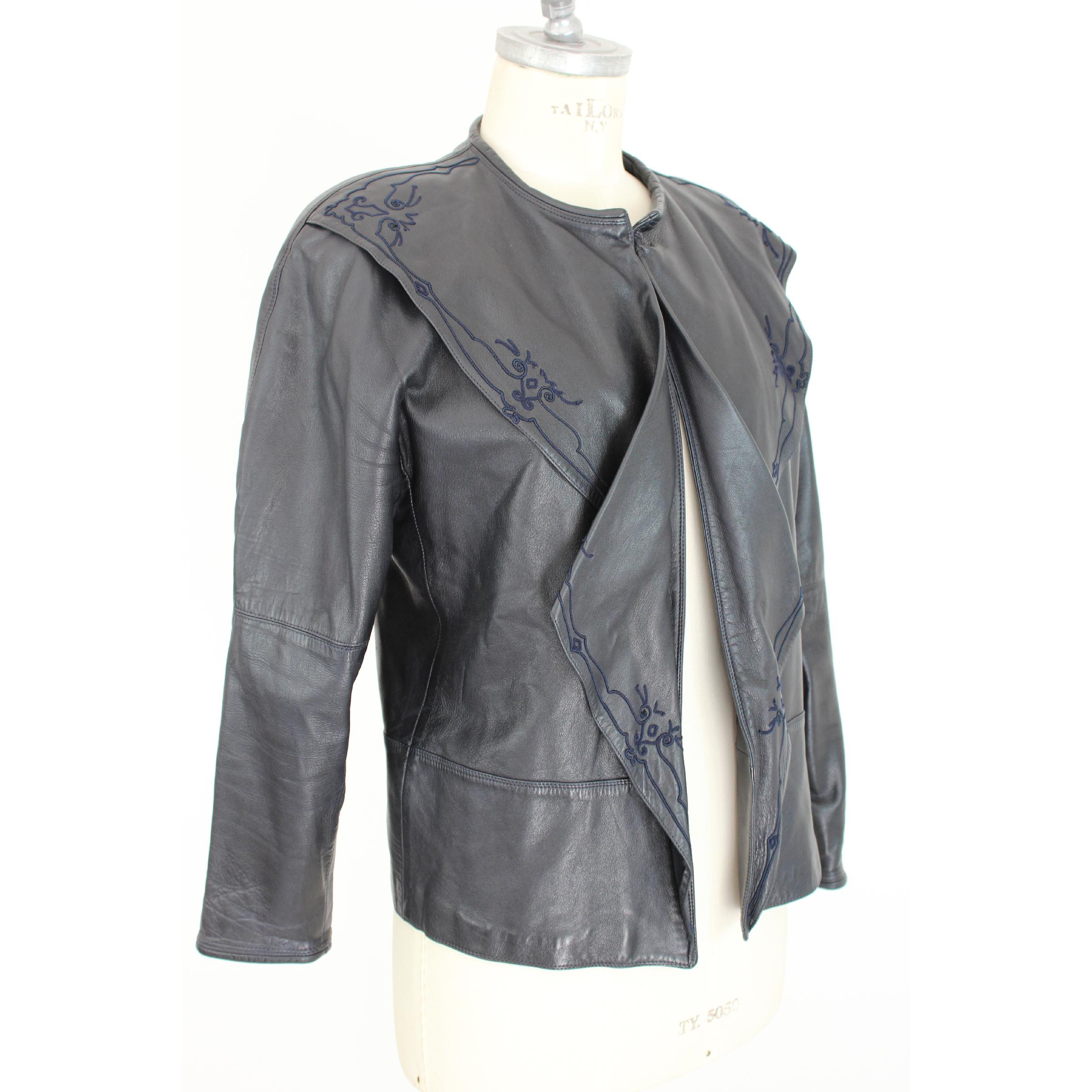 Gray Gianni Versace Leather Jacket Embroidered Blue Short Bolero 1980s