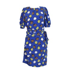 Yves Saint Laurent Floral Polka Dot Dress Silk Vintage Blue, 1980s