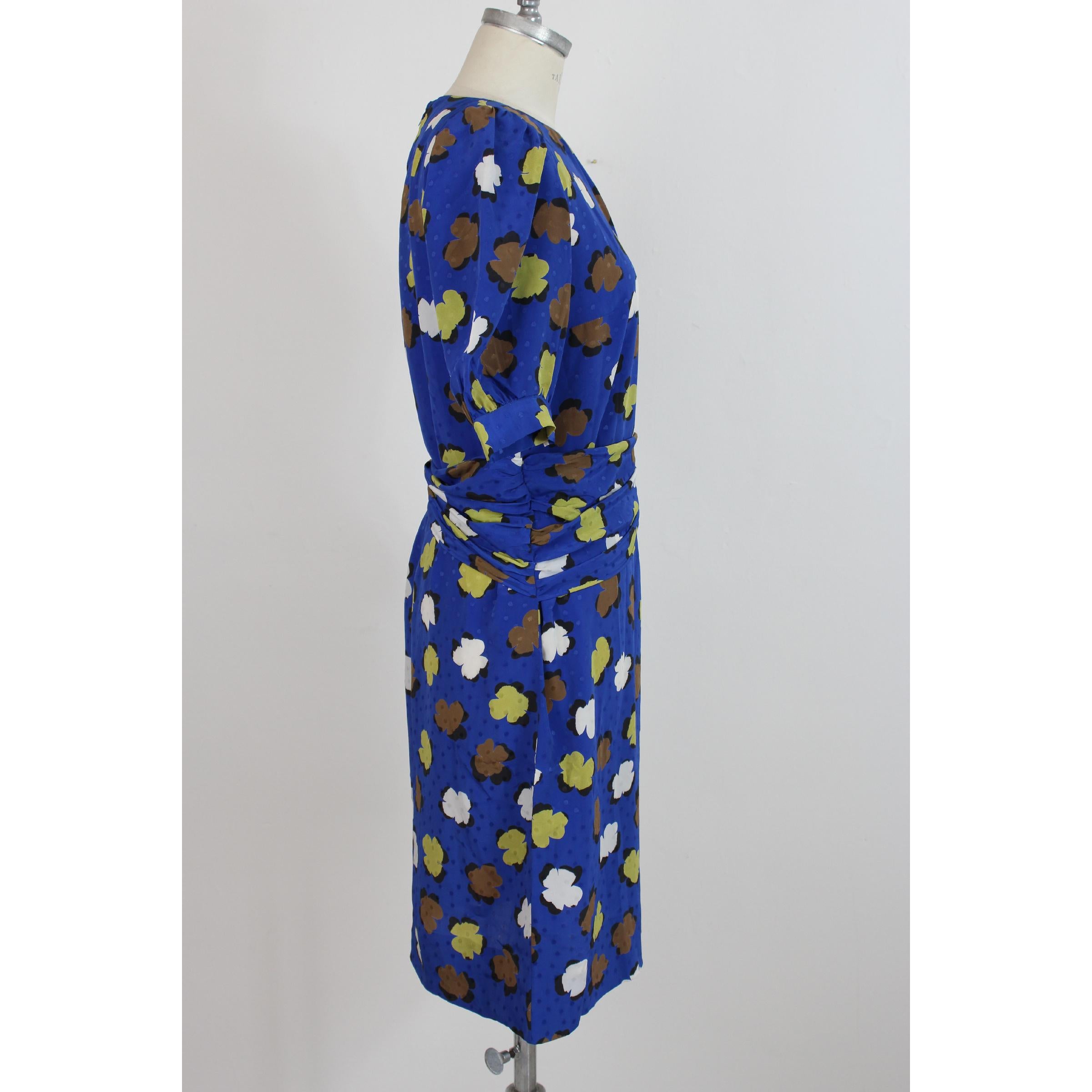 Yves Saint Laurent Floral Polka Dot Dress Silk Vintage Blue, 1980s In Excellent Condition In Brindisi, Bt