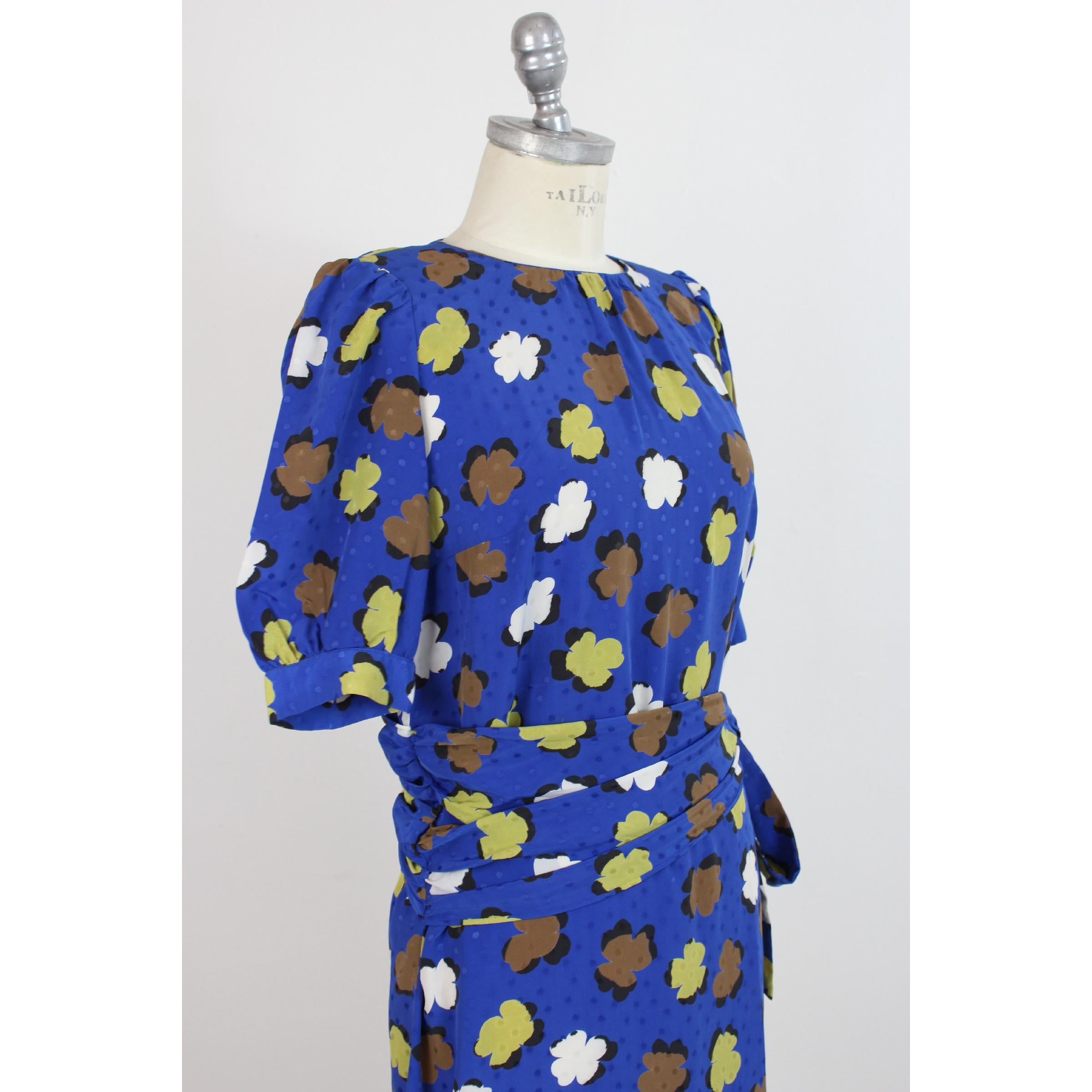 Yves Saint Laurent Floral Polka Dot Dress Silk Vintage Blue, 1980s 1