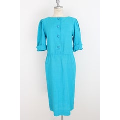 Yves Saint Laurent Cocktail Tunic Dress Linen Silk Vintage Light Blue, 1980s