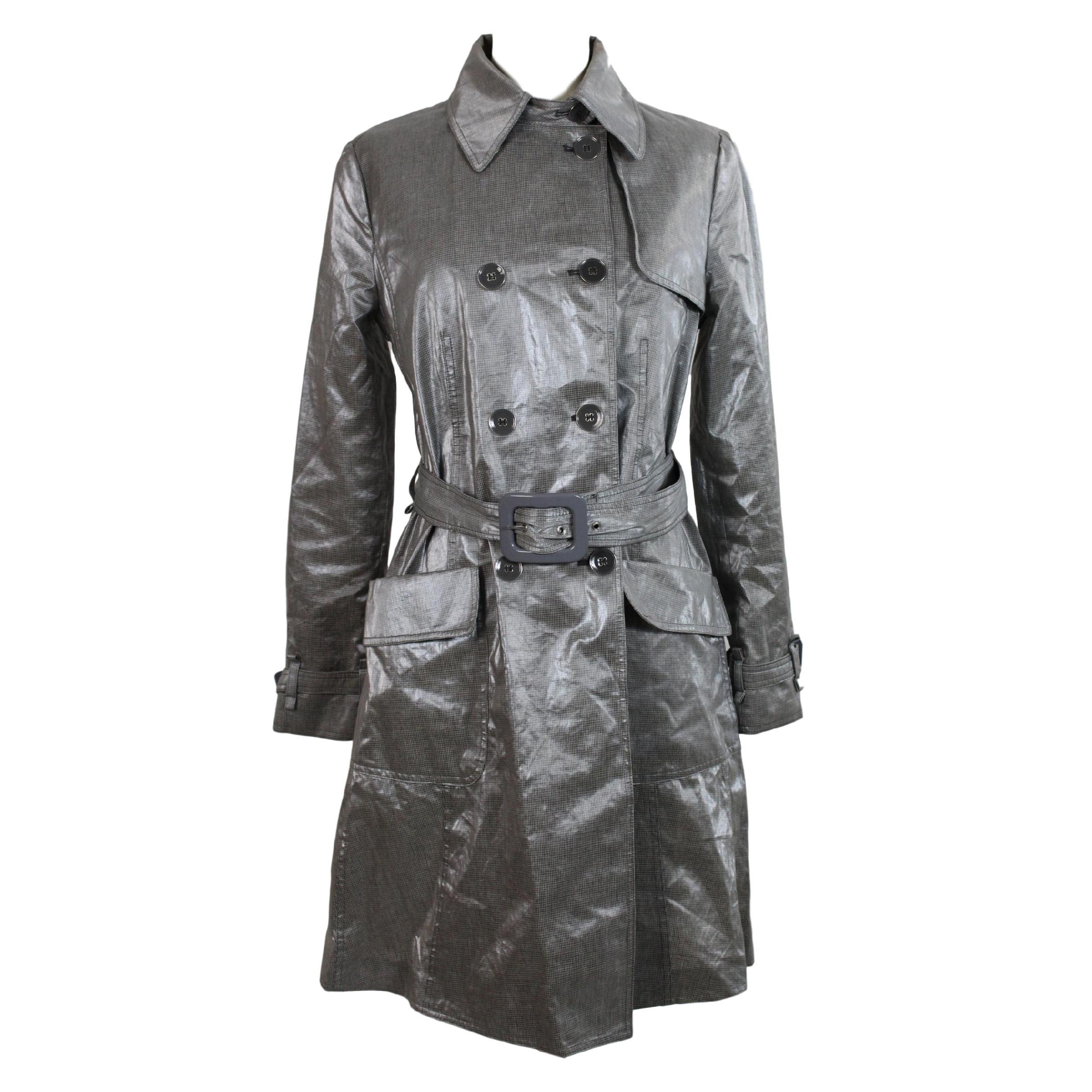 Giorgio Armani Trench Raincoat Glossy Effect Linen Check Vintage Gray, 1990s