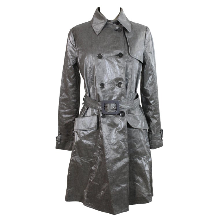 Giorgio Armani Trench Raincoat Glossy Effect Linen Check Vintage Gray ...