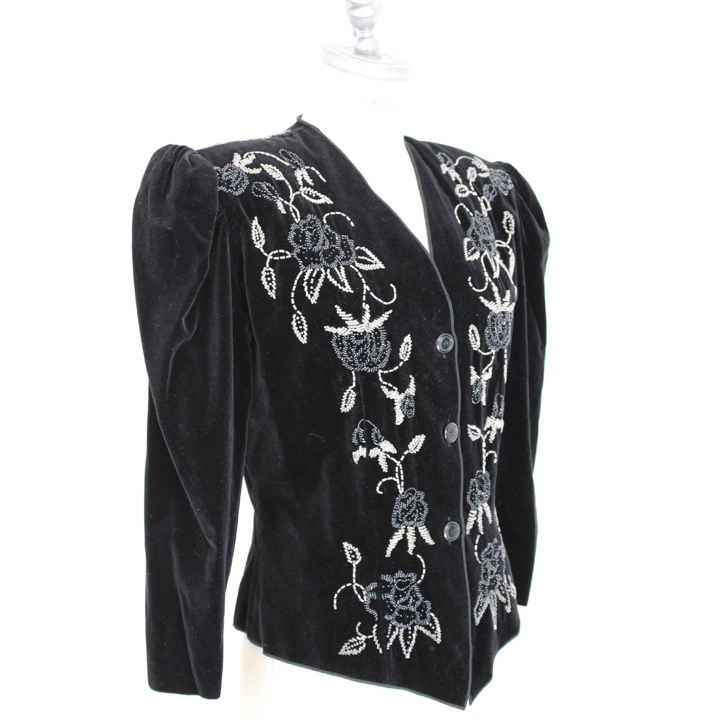 Roccobarocco Vintage Black Floral Sequin Embroidered Jacket, 1980s 2