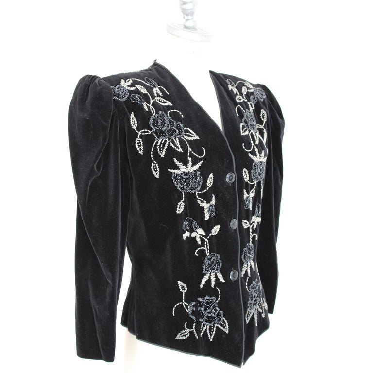 Roccobarocco Vintage Black Floral Sequin Embroidered Jacket, 1980s at ...