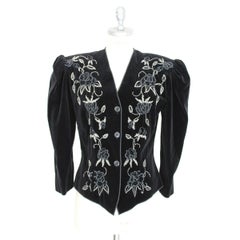 Roccobarocco Vintage Black Floral Sequin Embroidered Jacket, 1980s