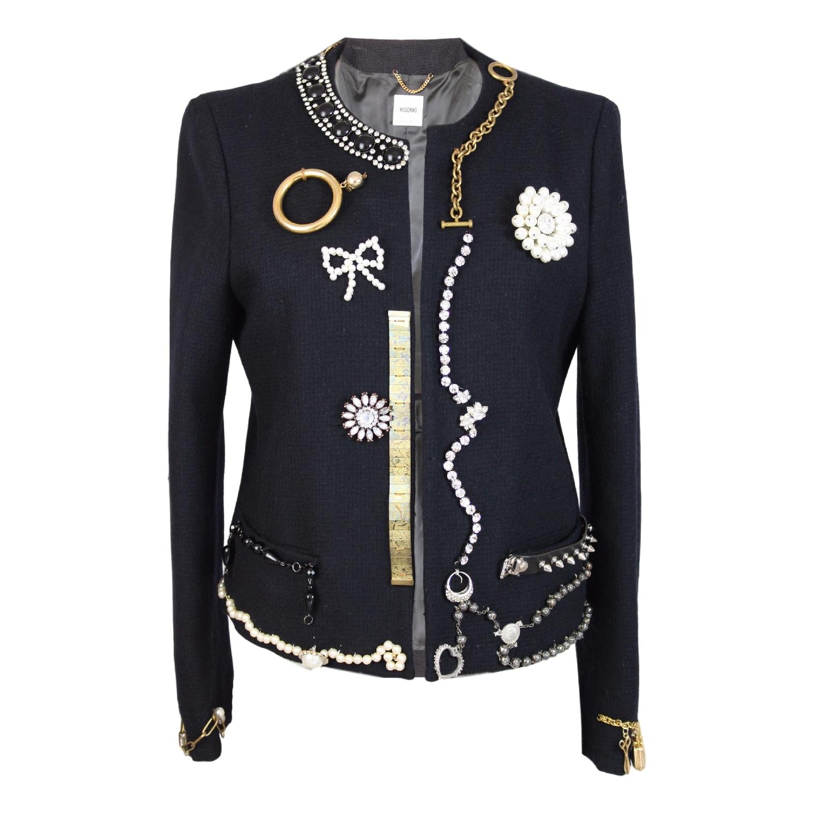 Moschino Blue Vintage Wool Jewerly Chain and Pearls Jacket, 1990s