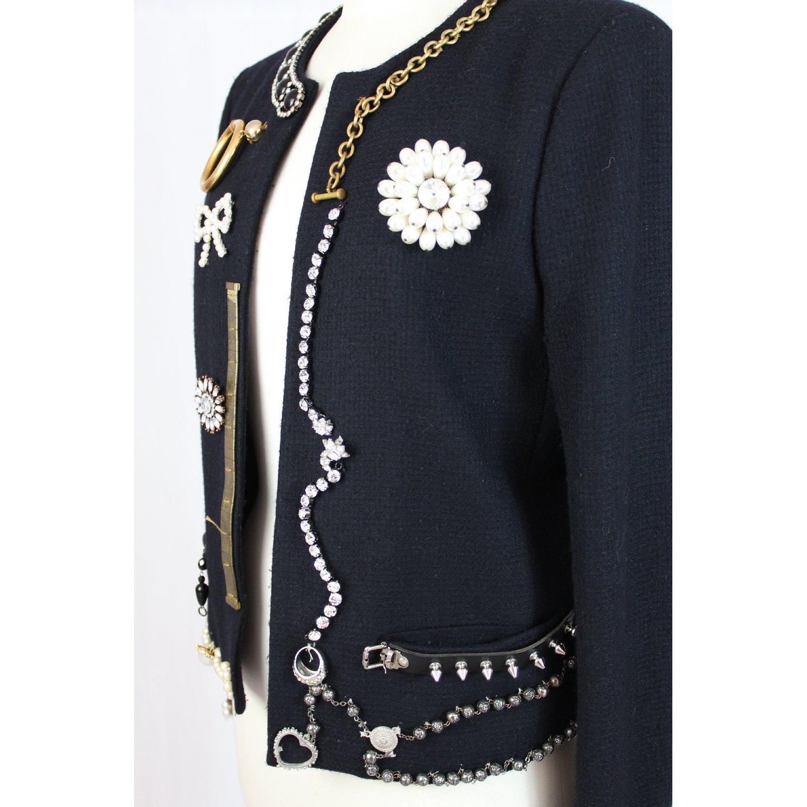 Moschino Blue Vintage Wool Jewerly Chain and Pearls Jacket, 1990s 2