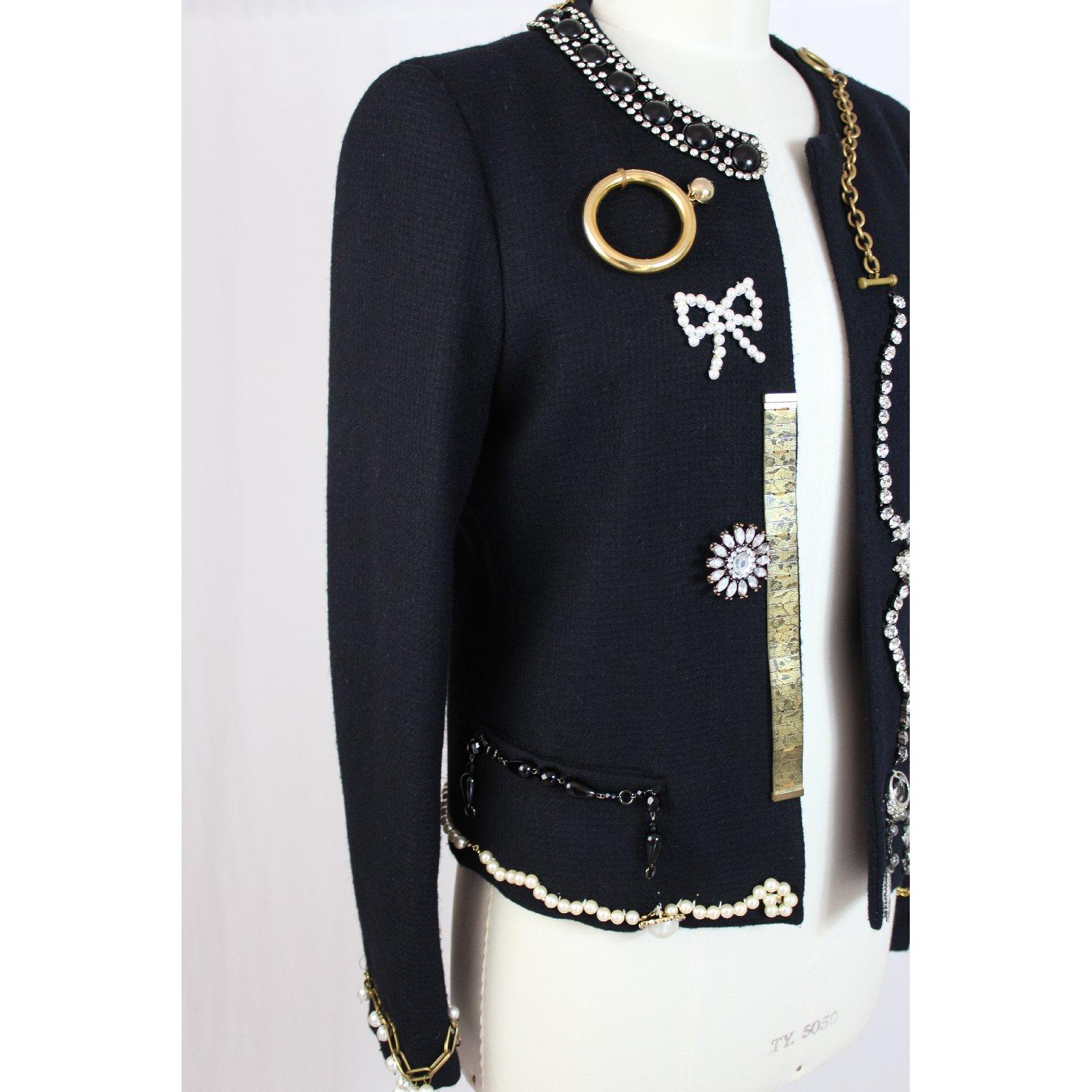 Moschino Blue Vintage Wool Jewerly Chain and Pearls Jacket, 1990s 1
