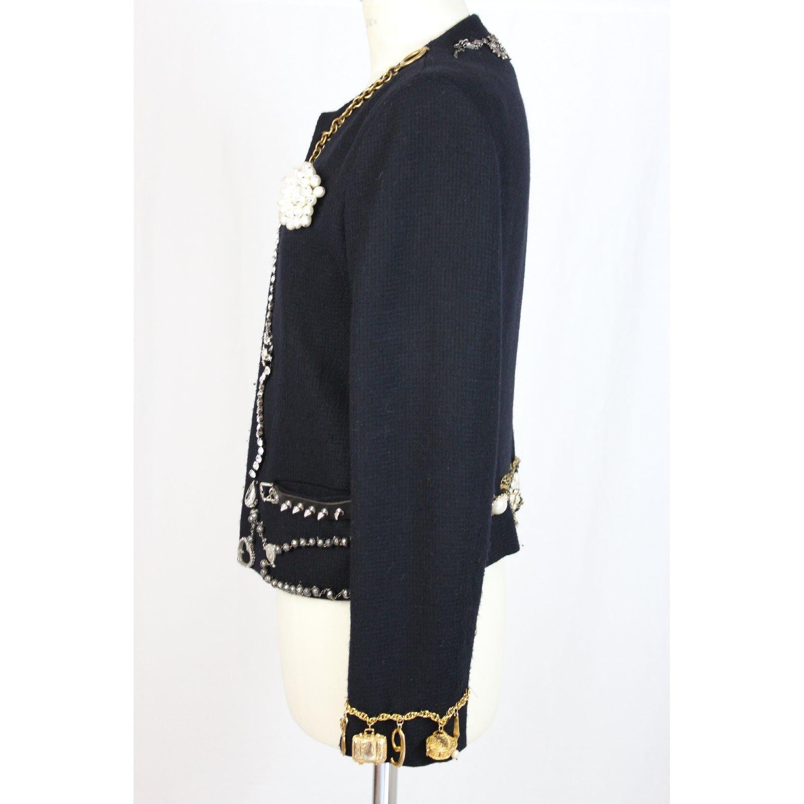 Black Moschino Blue Vintage Wool Jewerly Chain and Pearls Jacket, 1990s