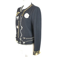 Moschino Blue Vintage Wool Jewerly Chain and Pearls Jacket, 1990s