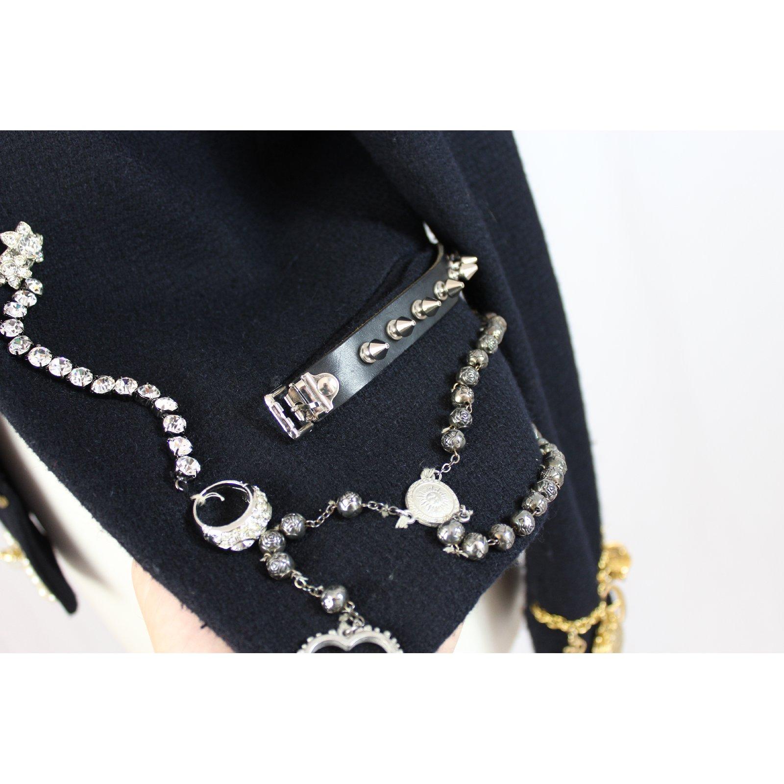 Moschino Blue Vintage Wool Jewerly Chain and Pearls Jacket, 1990s 3