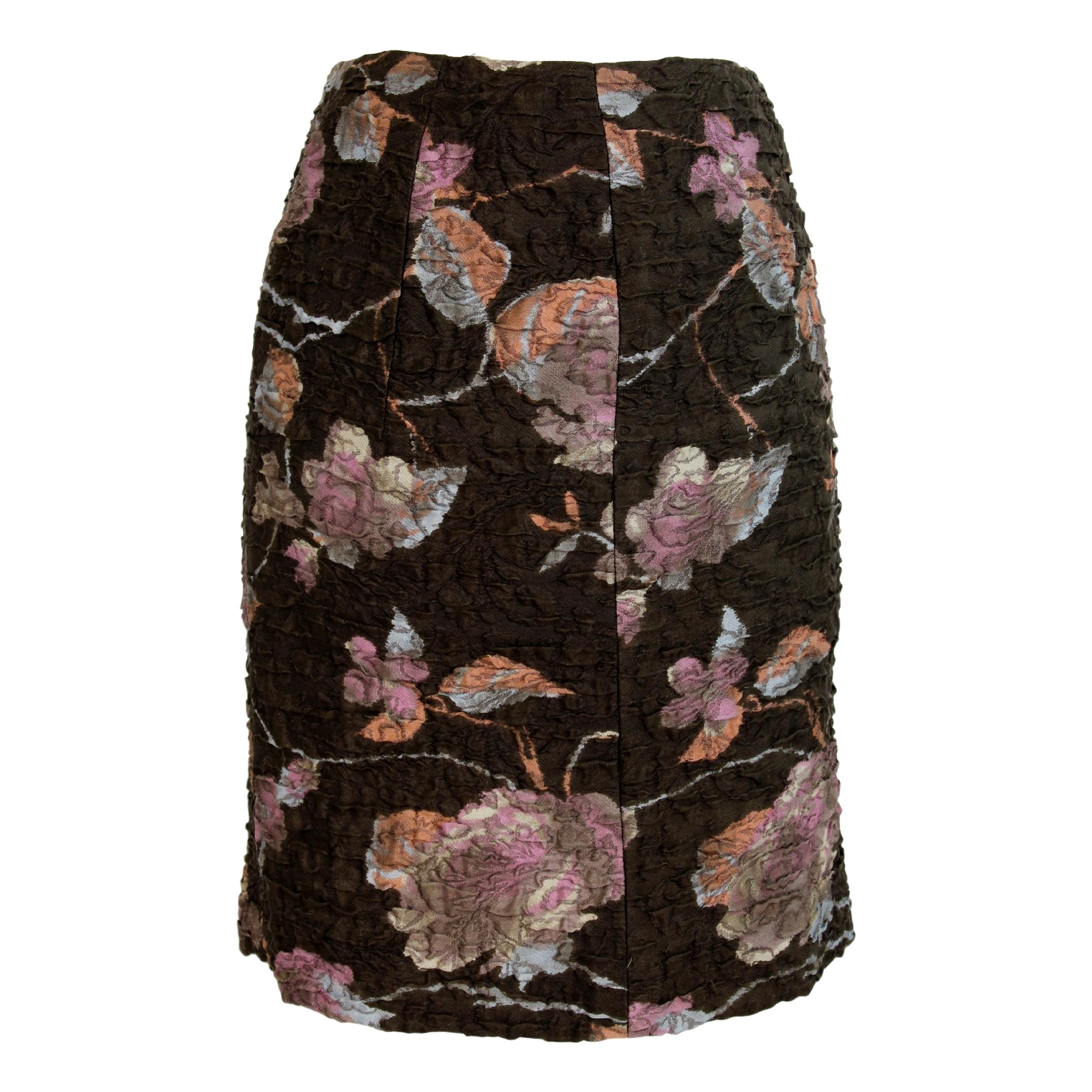 Miu Miu Short Skirt Floral Silk Damask Vintage Brown, 2000s