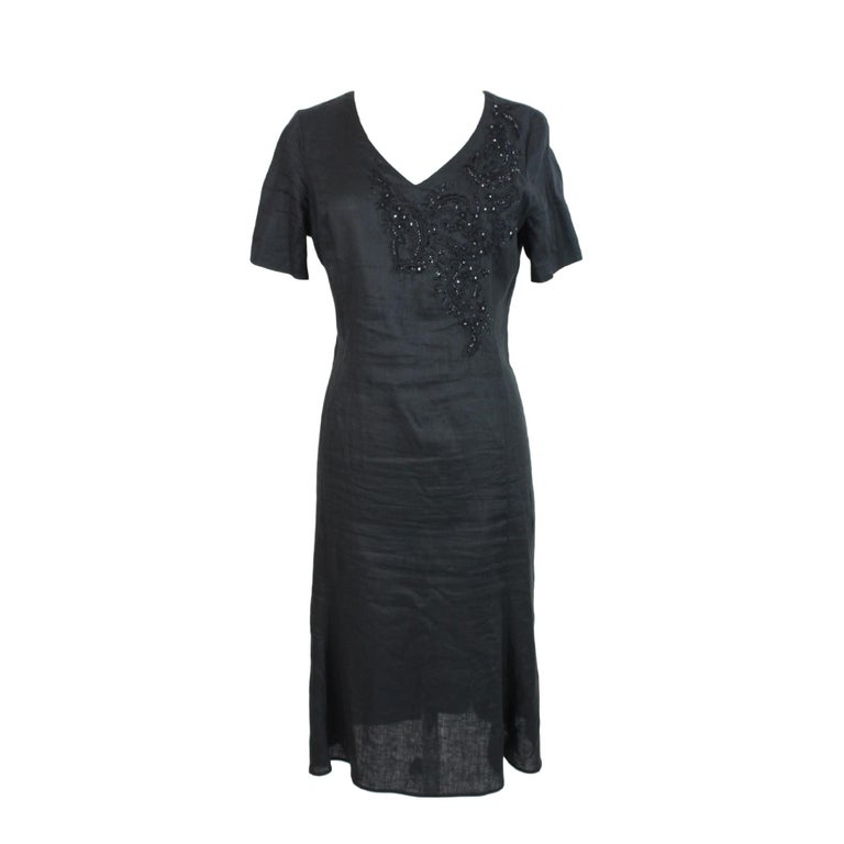1980s Krizia Long Evening Dress Strass Linen Vintage Black For Sale at ...