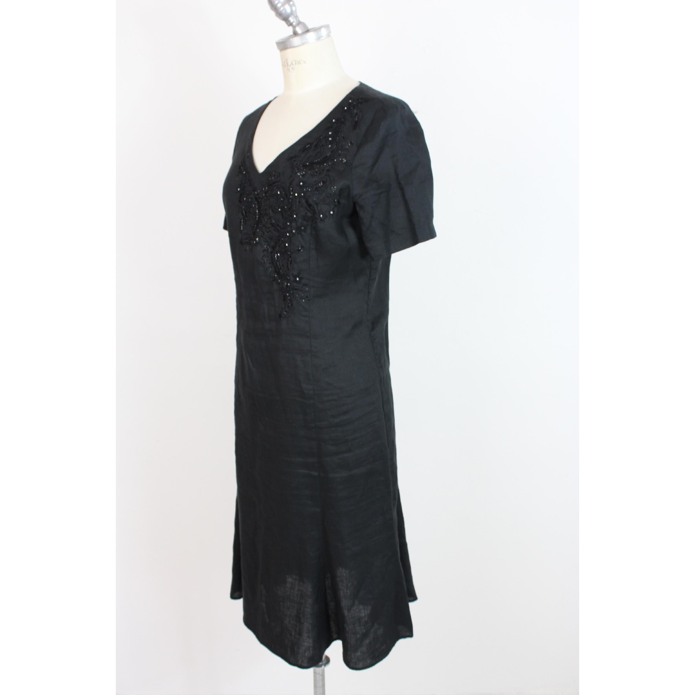 1980s Krizia Black Linen Sequins Long Summer Sheath Dress  1