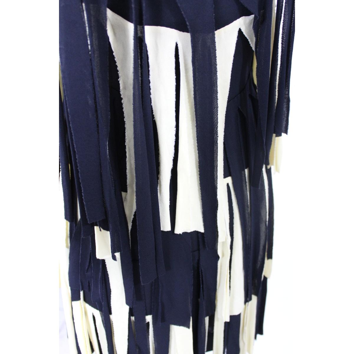 1990s Moschino Couture Dress Charleston Vintage Cotton Blue Beige Fringes In Excellent Condition In Brindisi, Bt