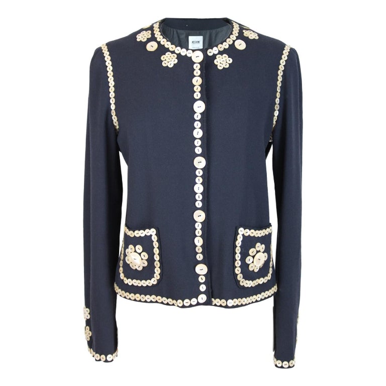 1990s Moschino Blue Wool Mother Pearl Buttons Embroidered Jacket Blazer ...