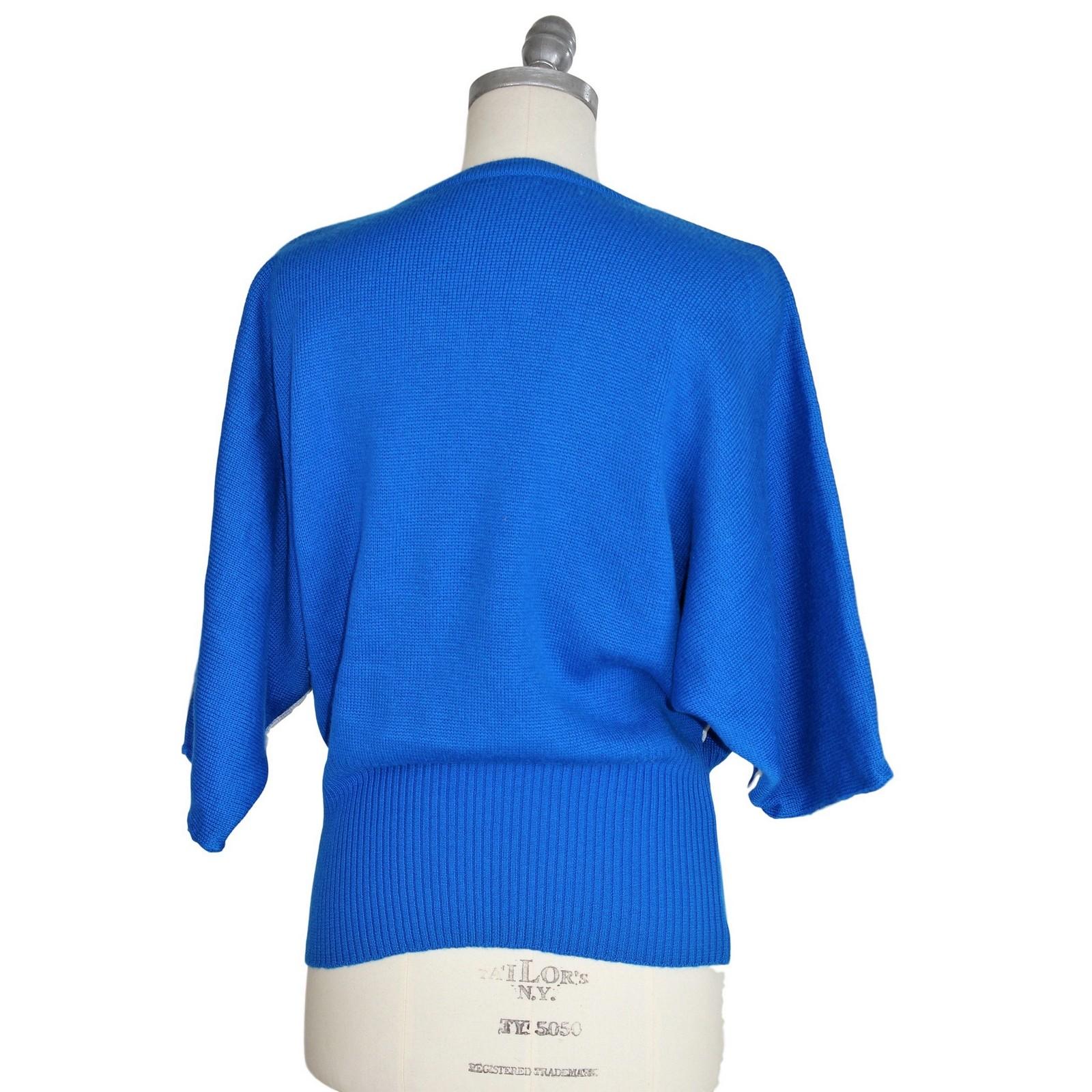 1980s Pierre Cardin Paris Blue Geometric Wool Batwing Sleeve Sweater 1