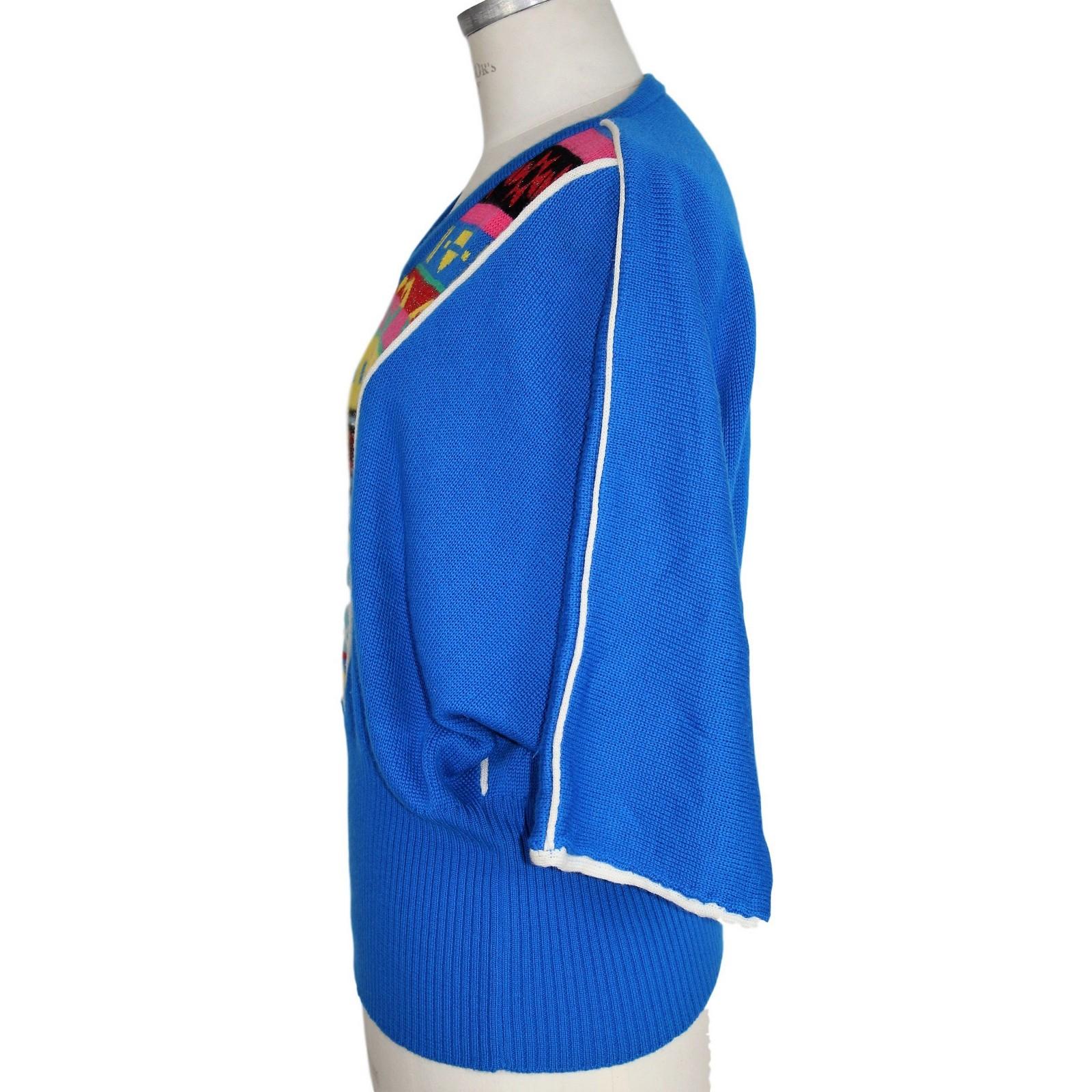 Women's 1980s Pierre Cardin Paris Blue Geometric Wool Batwing Sleeve Sweater