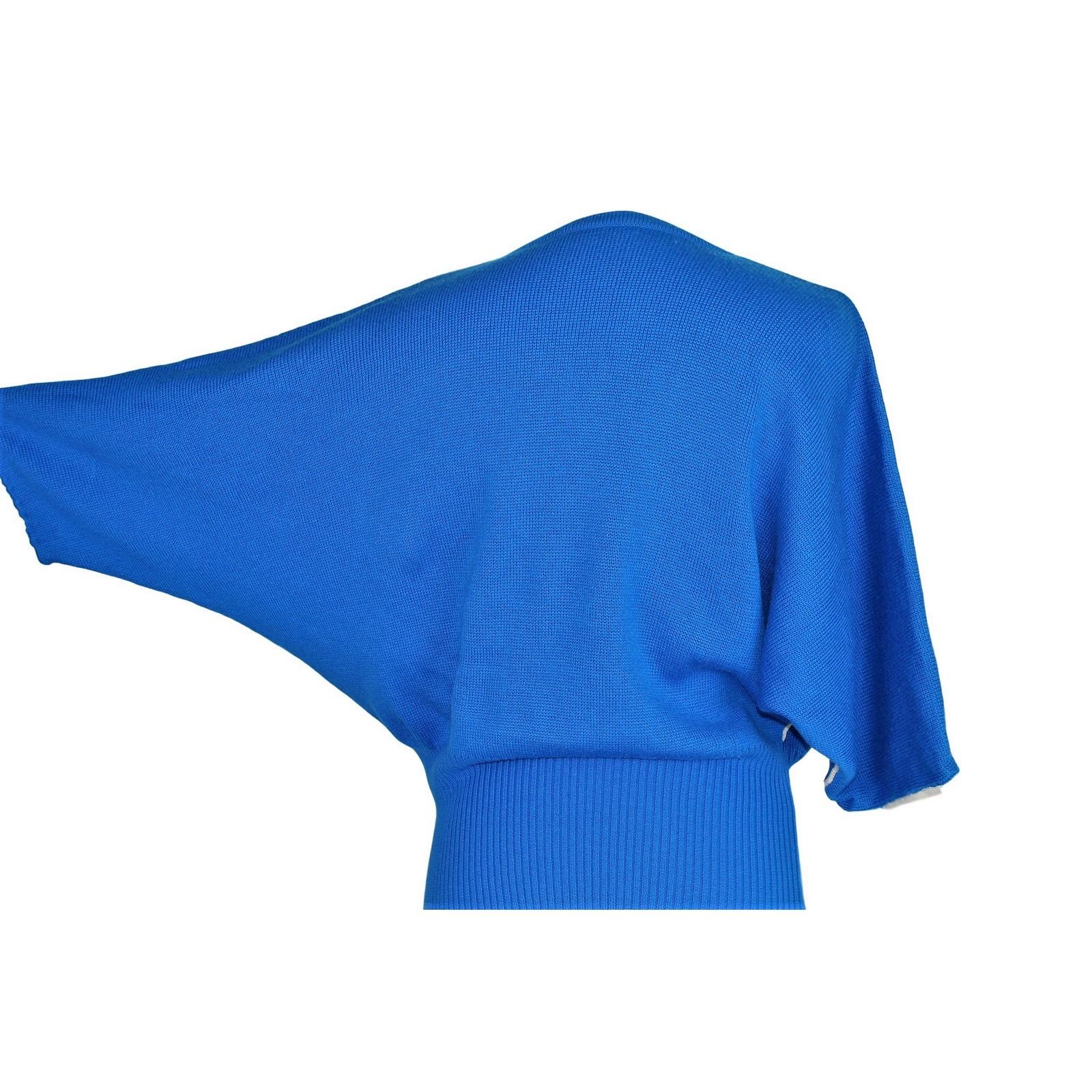1980s Pierre Cardin Paris Blue Geometric Wool Batwing Sleeve Sweater 2