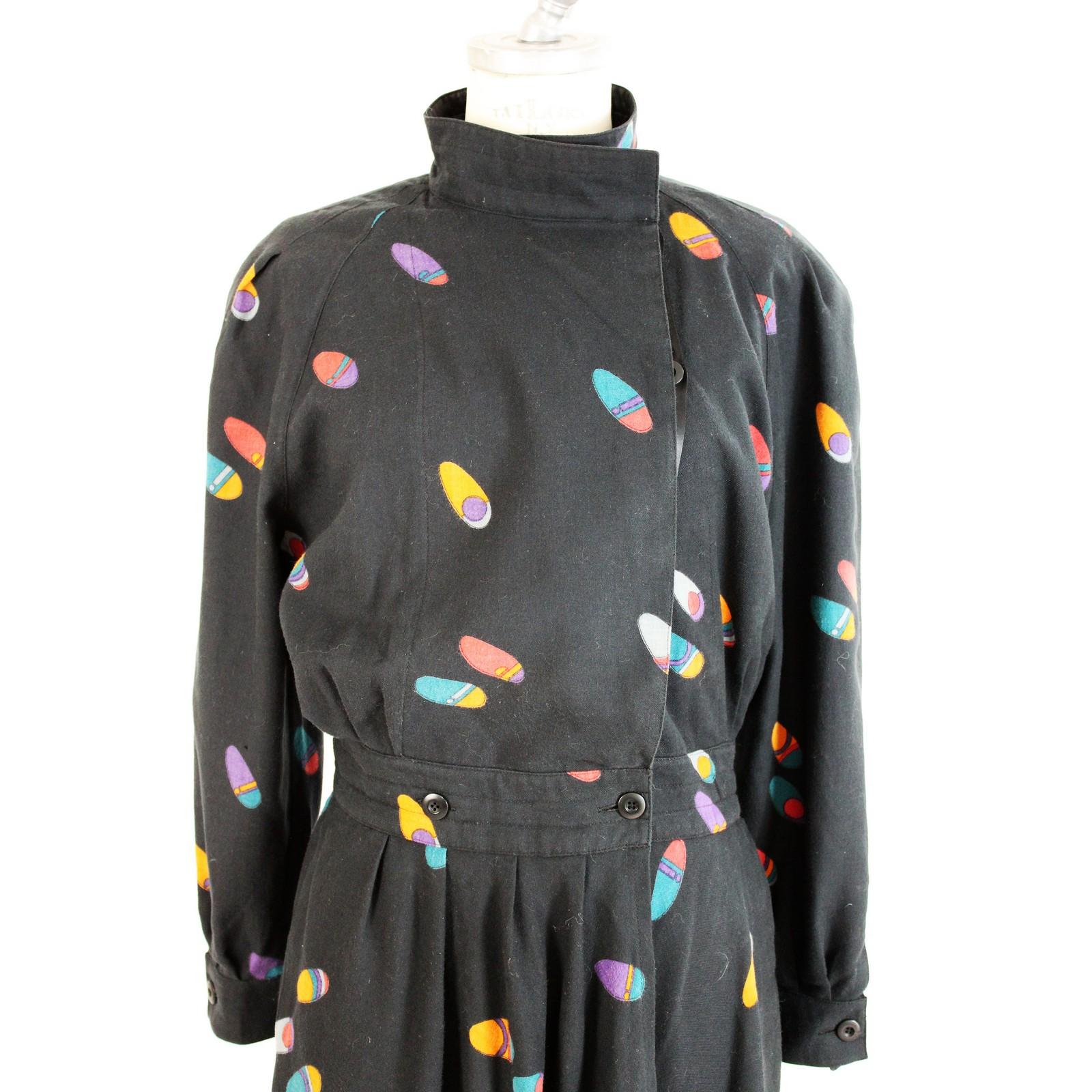 Black 1980s Krizia Blue Cotton Pop Art Long Wrap Cocktail Dress Turtleneck