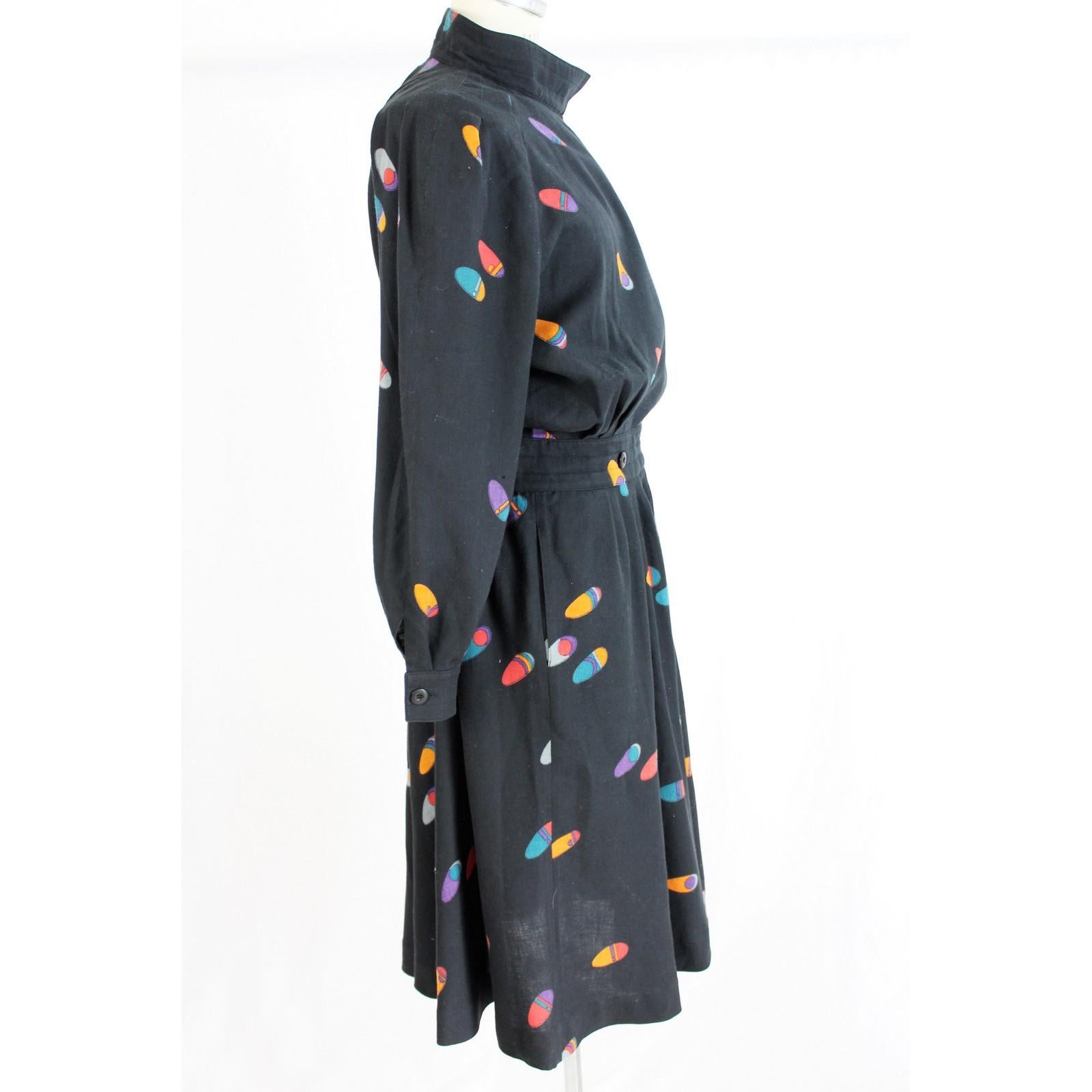 1980s Krizia Blue Cotton Pop Art Long Wrap Cocktail Dress Turtleneck In Excellent Condition In Brindisi, Bt