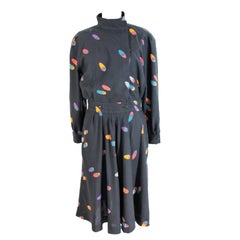 1980s Krizia Blue Cotton Pop Art Long Wrap Cocktail Dress Turtleneck
